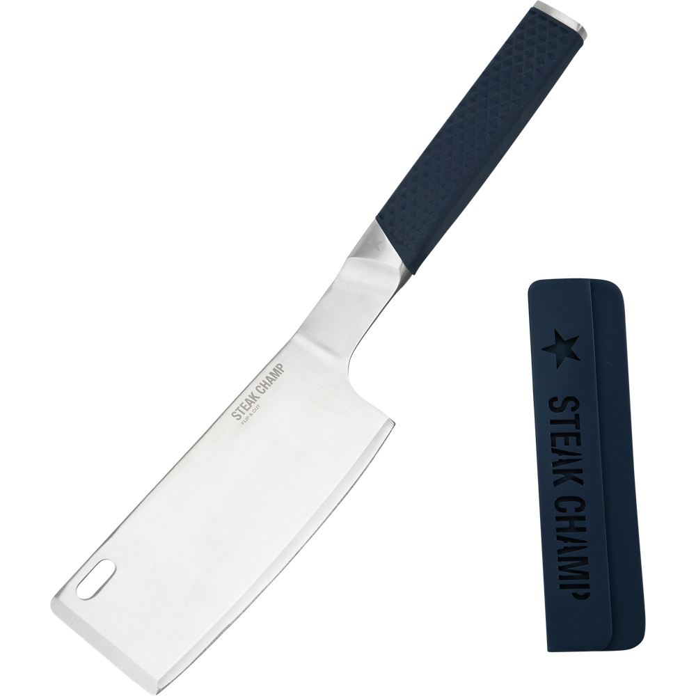 Un coltello da bistecca argentato con manico blu e fodero protettivo blu.
