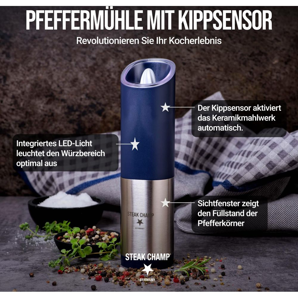 Blaue Pfeffermühle mit Edelstahl, LED-Licht und Sichtfenster.
