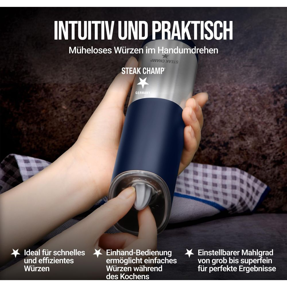 Person bedient eine elektrische Gewürzmühle von Steak Champ, die in Deutschland hergestellt wurde.