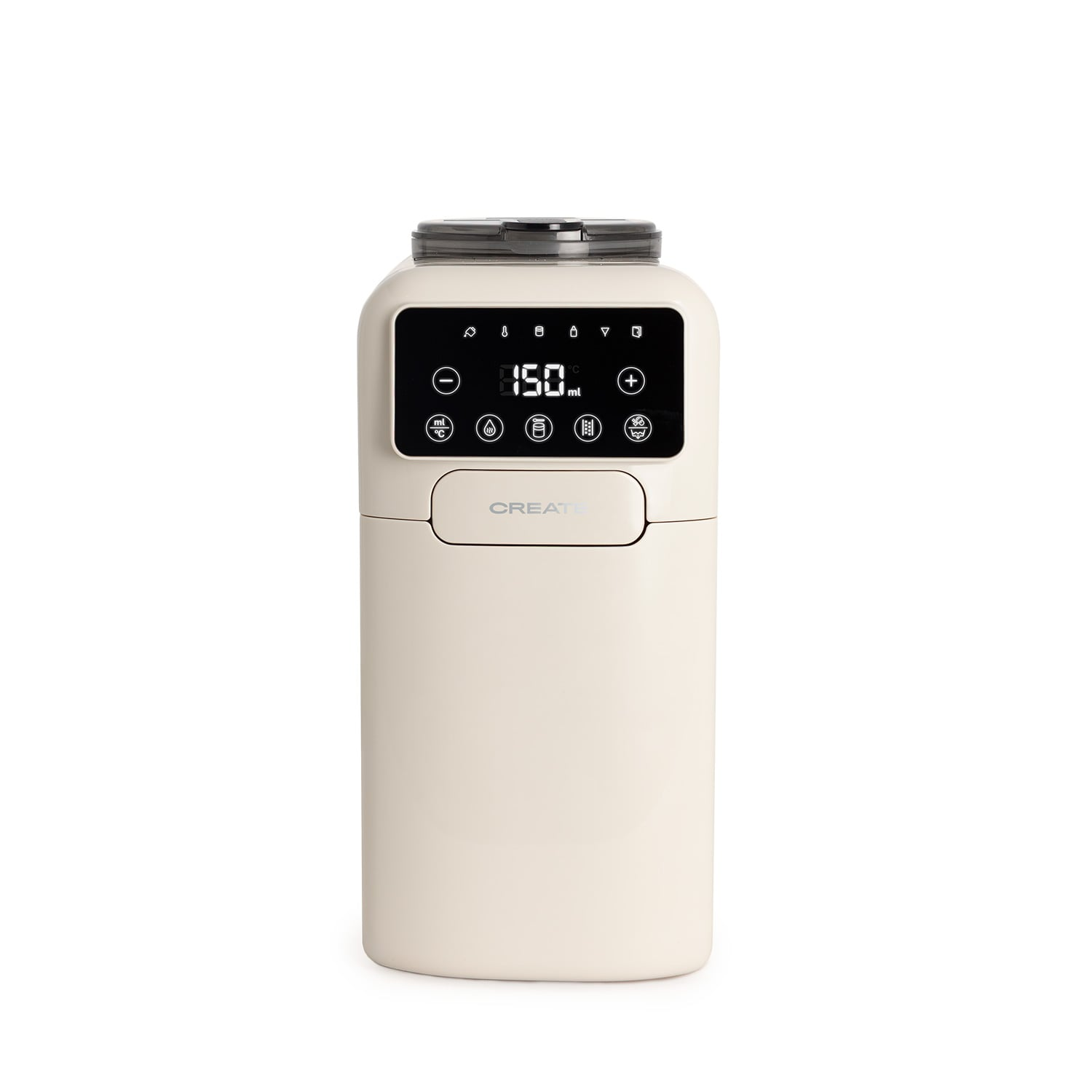 Un procesador de alimentos para bebés color crema con pantalla digital que muestra 150 ml.