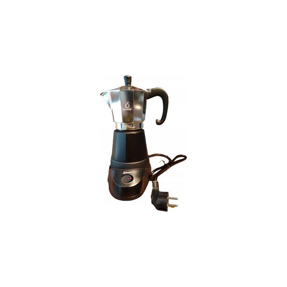 Una caffettiera elettrica nera con parte superiore argentata e cavo.