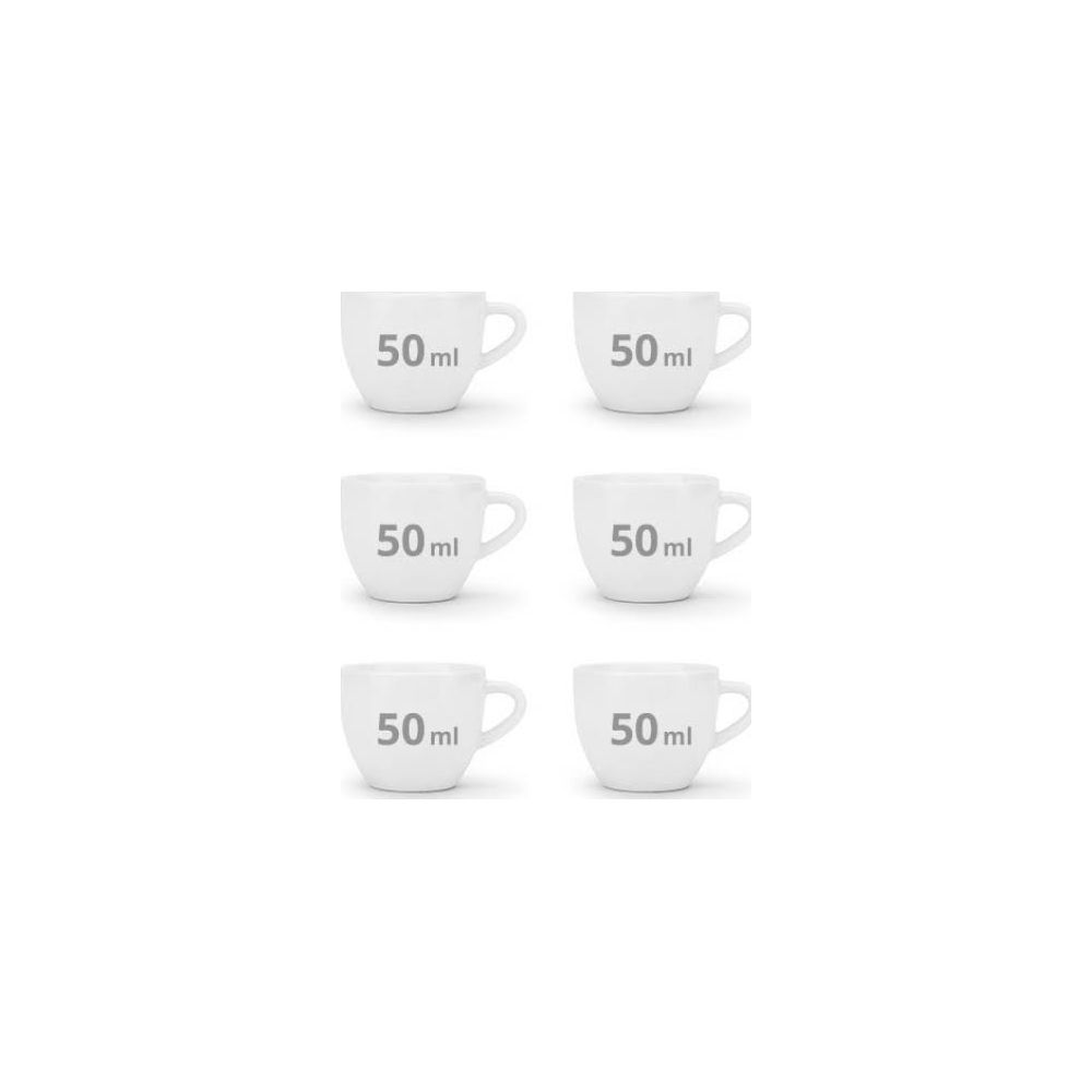 Sei tazzine da espresso bianche da 50 ml, disposte una accanto all'altra.
