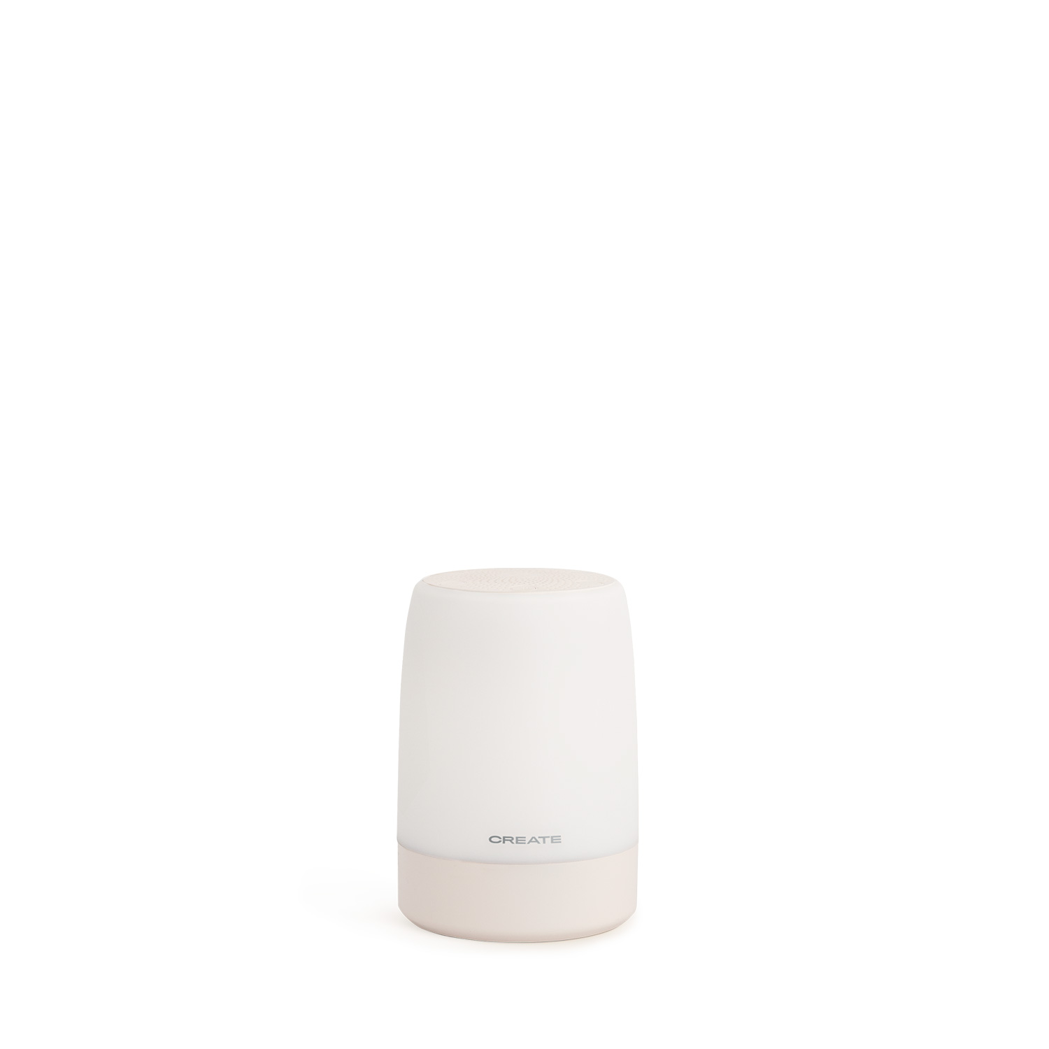 Una lámpara de noche blanca con base beige, sobre fondo blanco.