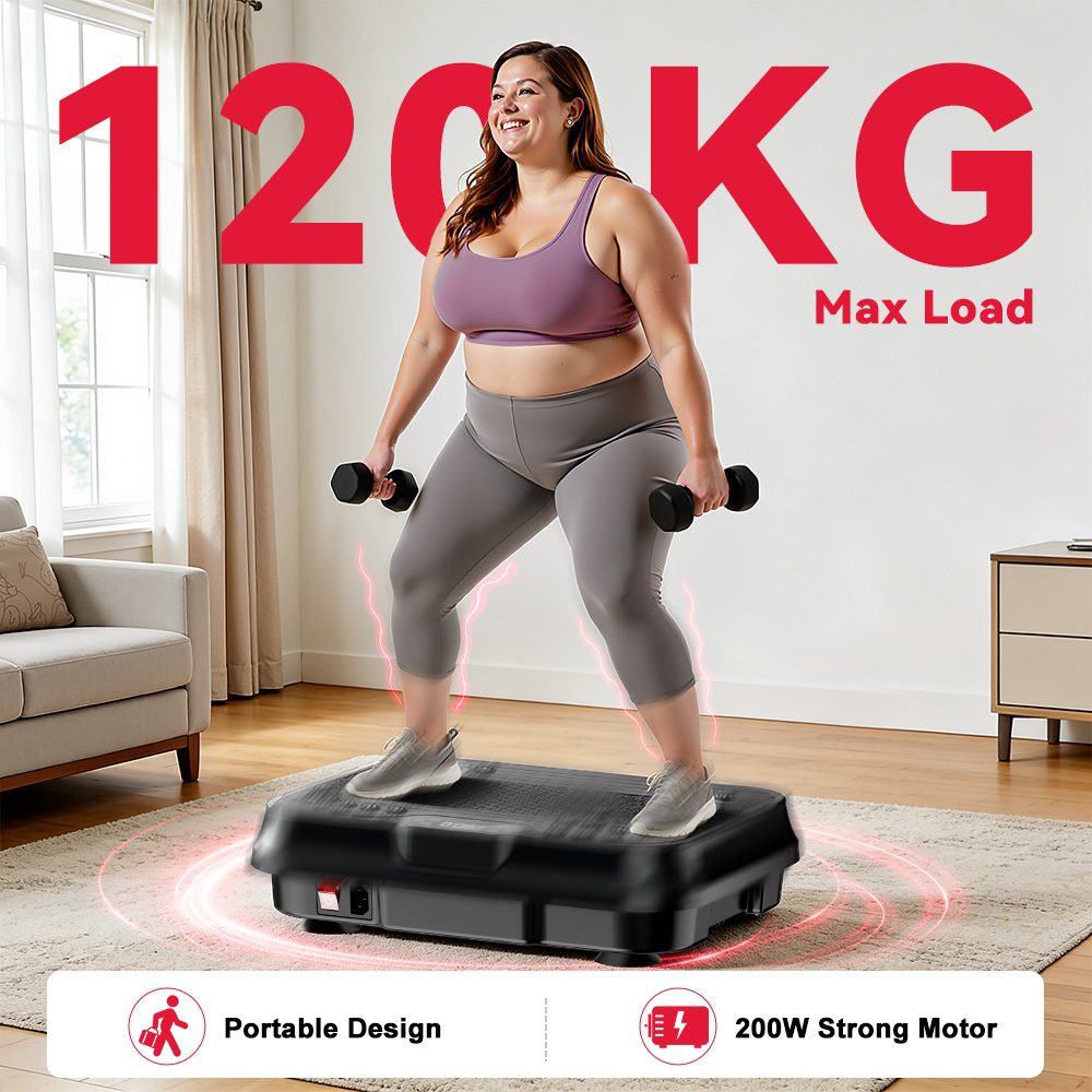 Kobieta robi przysiady z hantlami na platformie wibracyjnej, max obc. 120 kg.