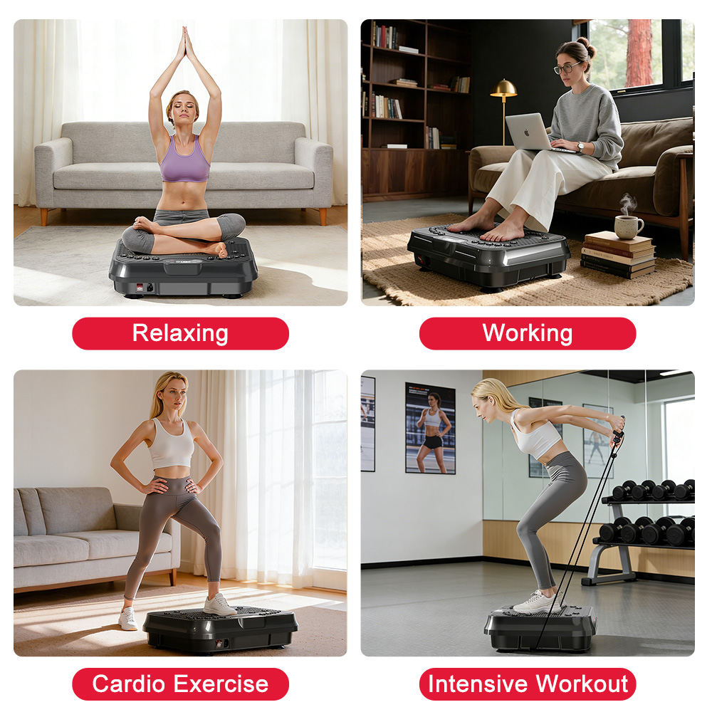 Cztery sceny pokazują platformę wibracyjną: relaks, praca, cardio i intensywny trening.