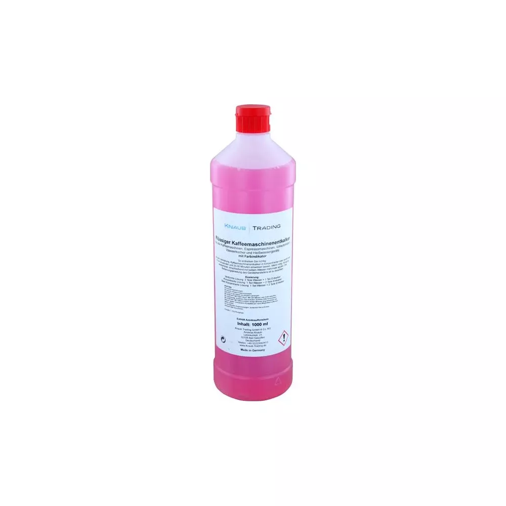 Une bouteille de détartrant pour machine à café rose avec un bouchon rouge et une étiquette blanche.