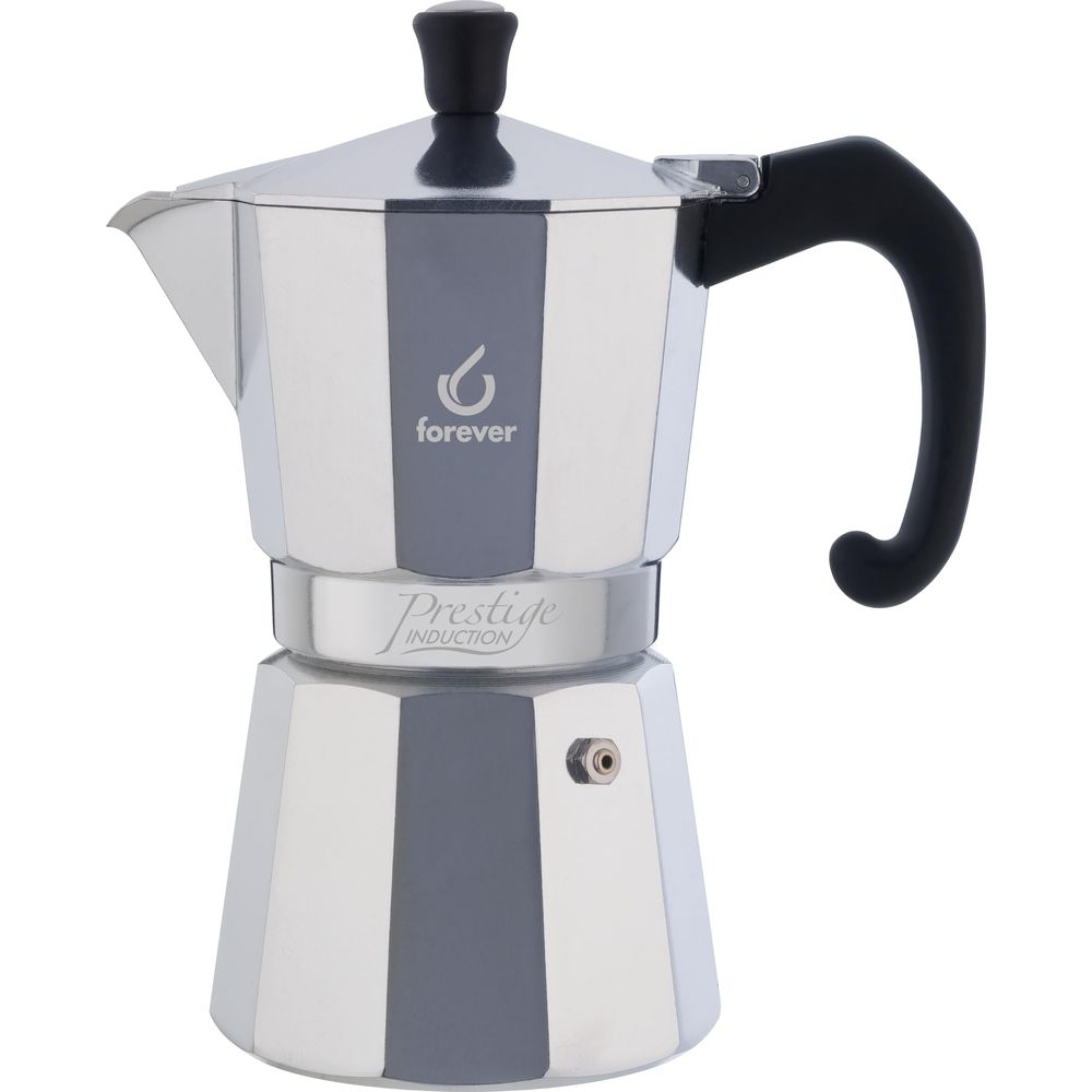 Una caffettiera espresso argentata lucida per piano cottura con manico e pomello neri.