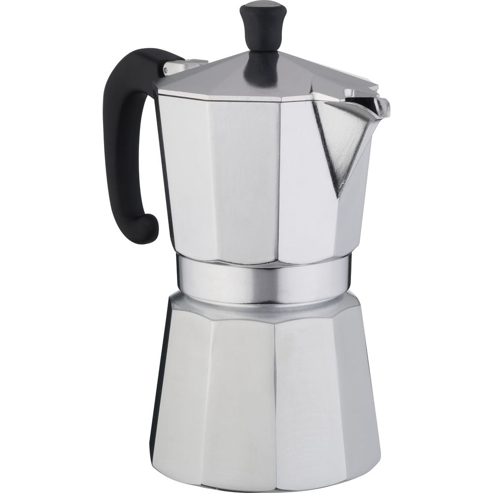 Una caffettiera Moka argentata con manico e coperchio neri.