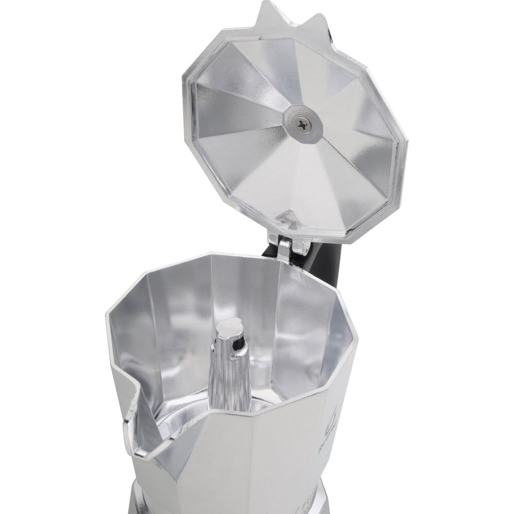 Moka argentata con coperchio aperto, mostra interno e filtro.