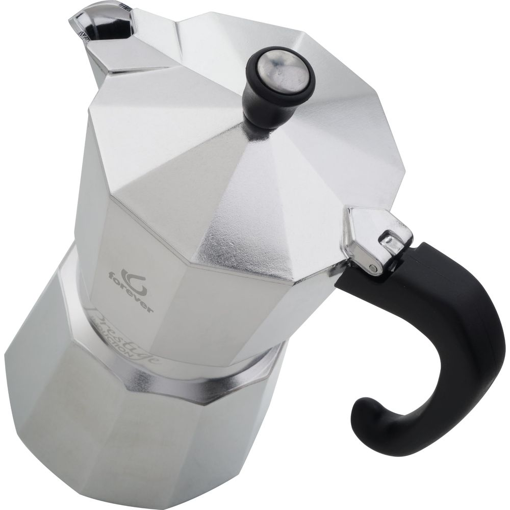 Moka argentata con manico nero, su sfondo bianco.