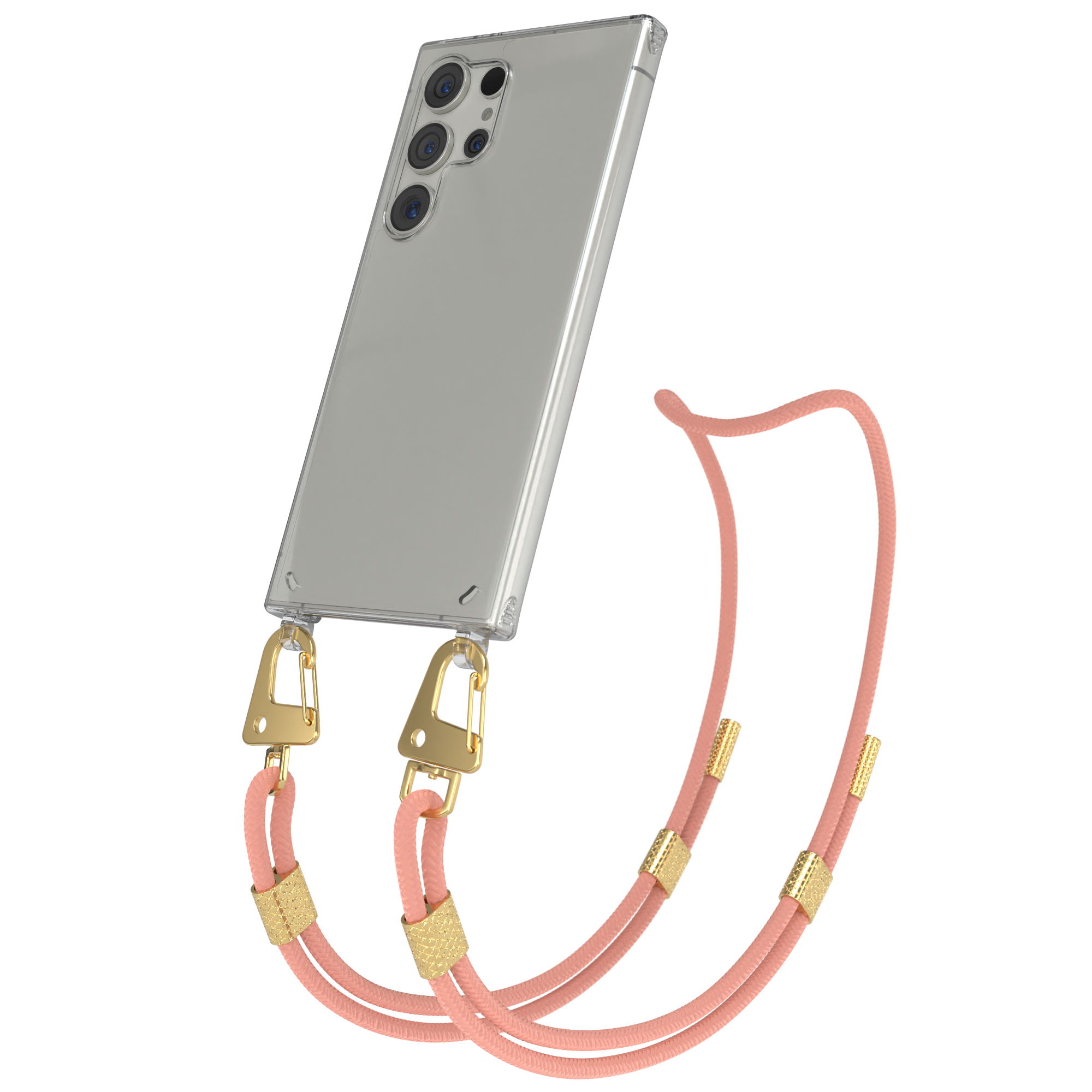 Ein durchsichtiges Handy mit einer Lanyard-Halterung in Koralle und goldenen Beschlägen.