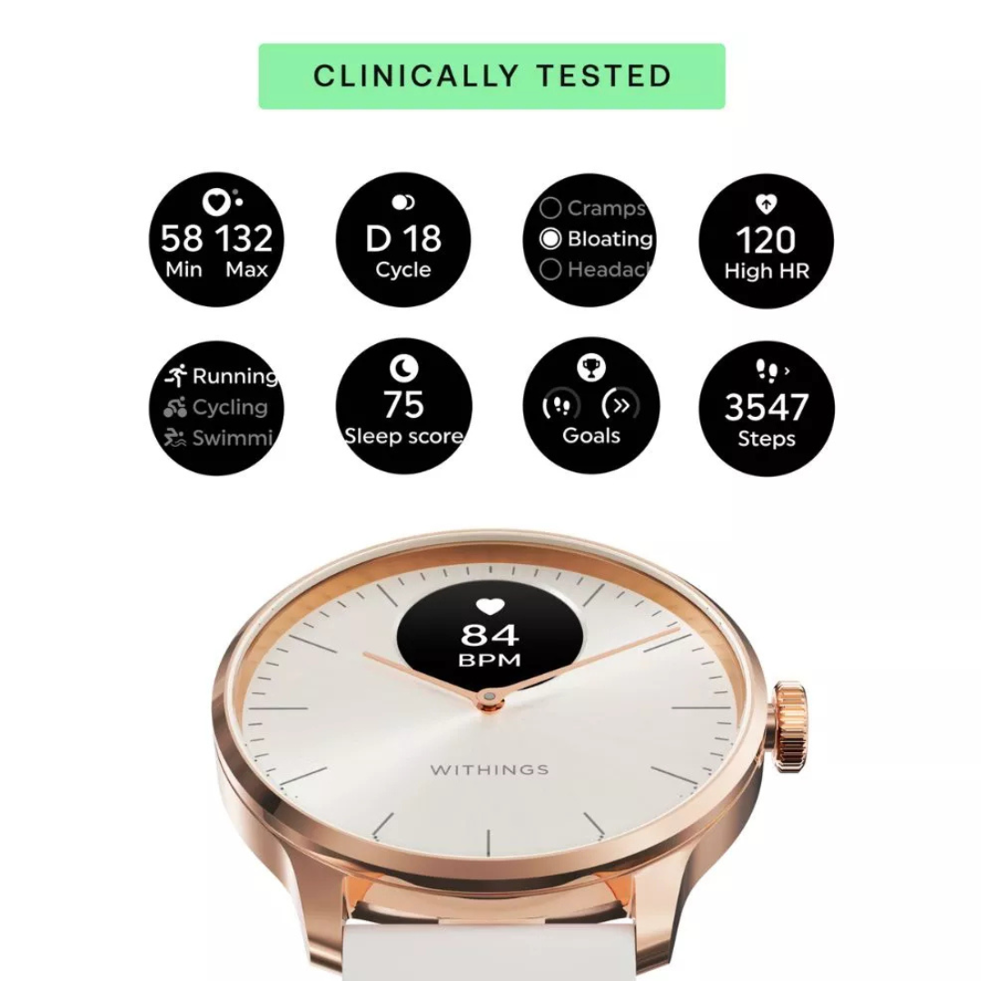 Un elegante smartwatch color oro rosa che mostra la frequenza cardiaca e le metriche di attività.