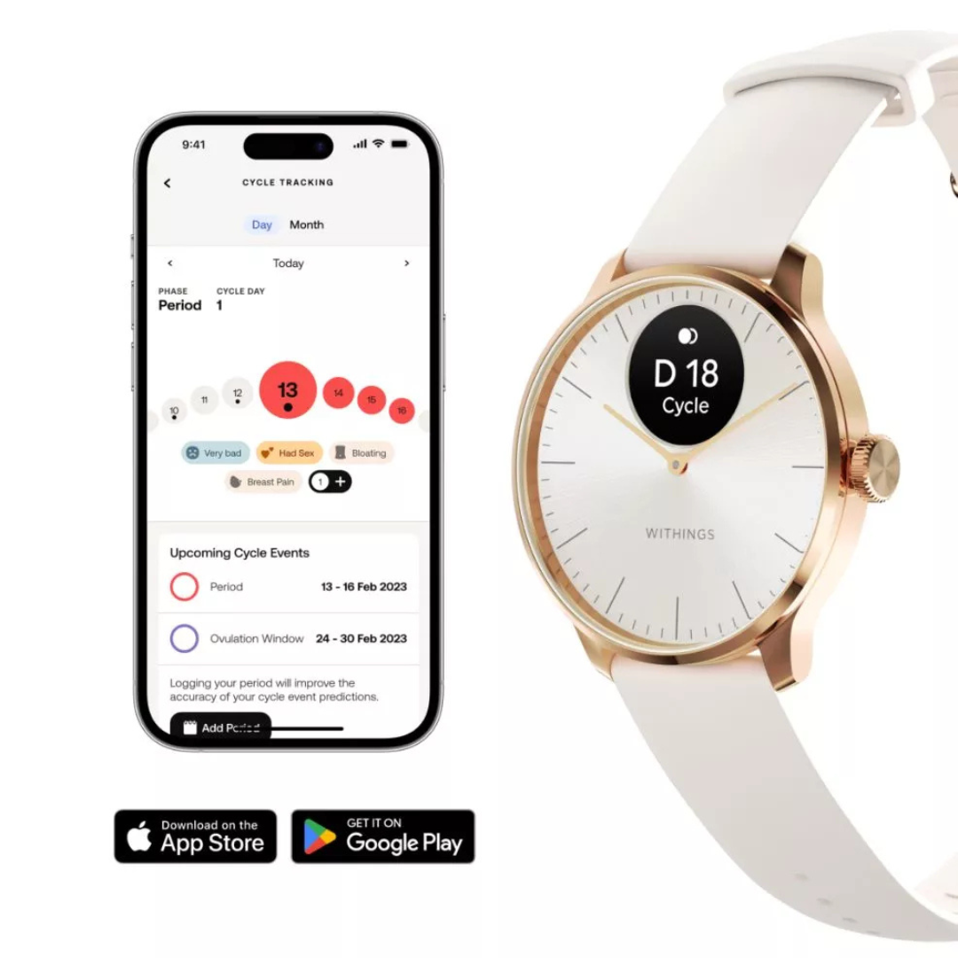 Uno smartphone mostra dati di monitoraggio del ciclo, accanto un orologio smart mostra informazioni sul ciclo.