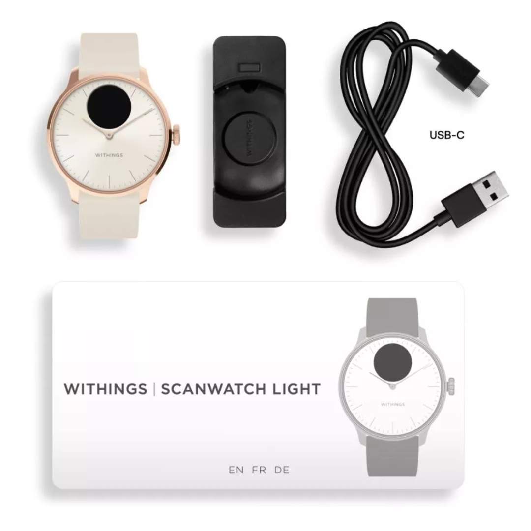 Withings Scanwatch Light: orologio, cavo di ricarica, caricatore e istruzioni.