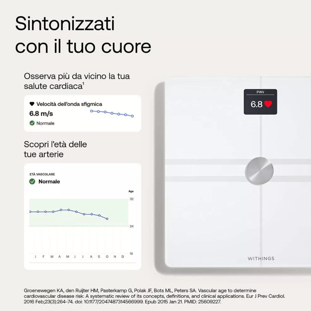 Un dispositivo smart bianco che mostra dati su battito cardiaco ed età vascolare.