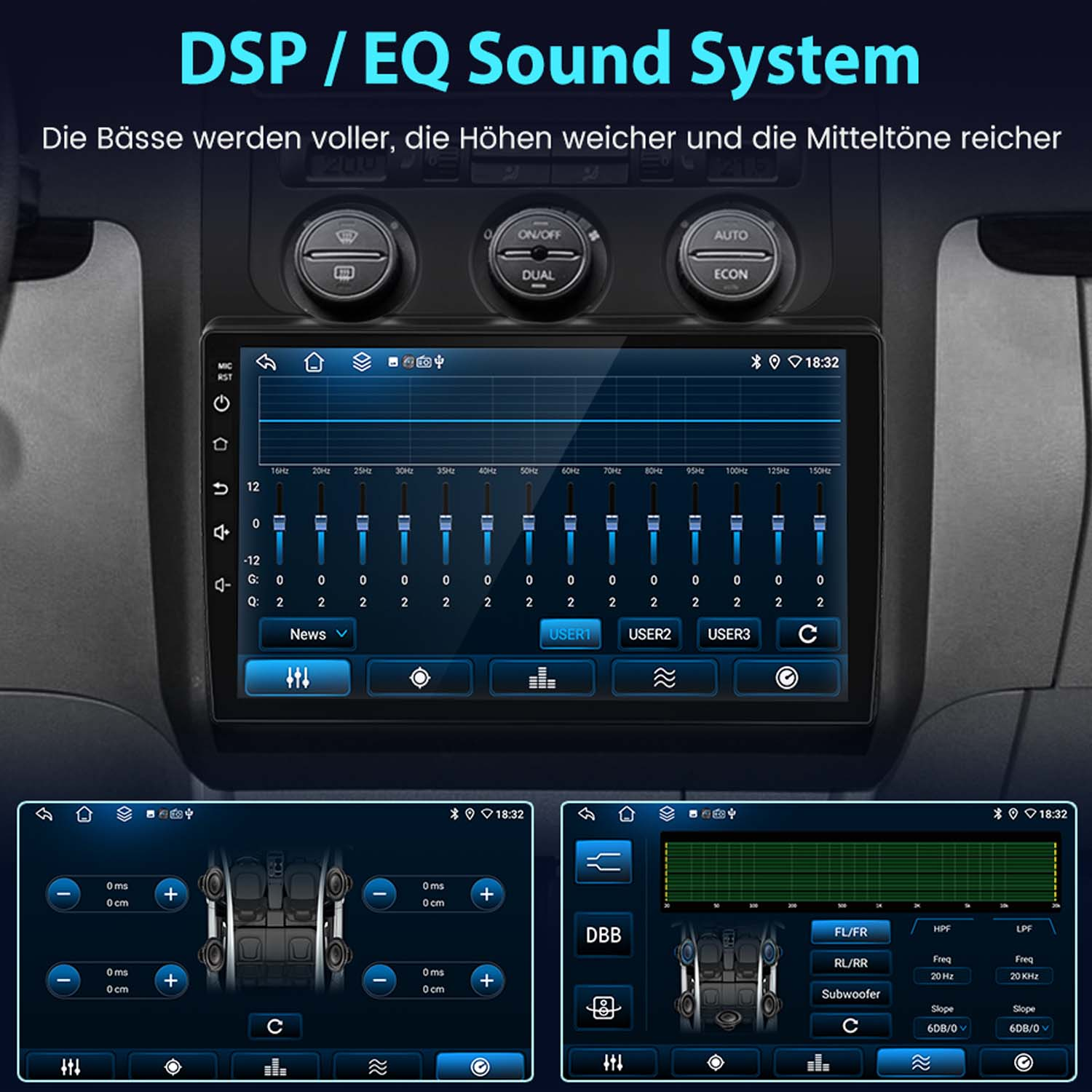 Bildschirm mit DSP/EQ-Einstellungen, Equalizer-Balken und Lautsprechereinstellungen.