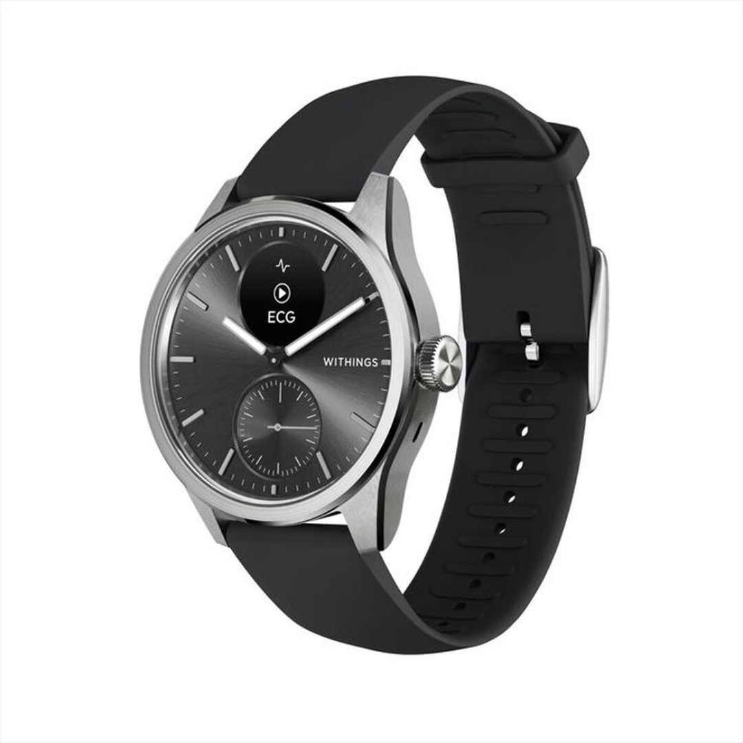 Uno smartwatch grigio con cinturino nero mostra un'icona ECG sul quadrante.