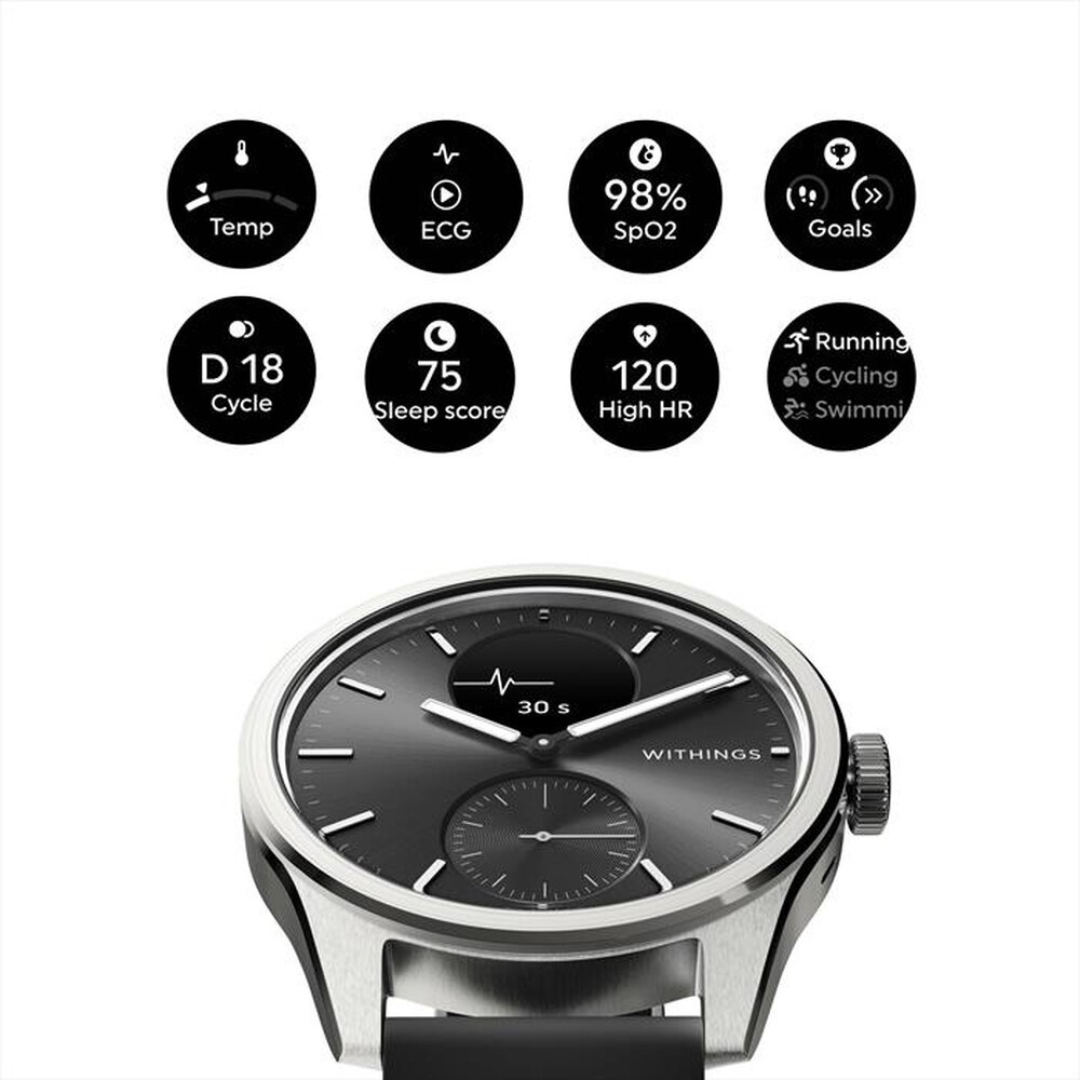 Uno smartwatch con icone salute: Temp, ECG, SpO2, Obiettivi, Ciclo, Sonno, HR, Corsa.