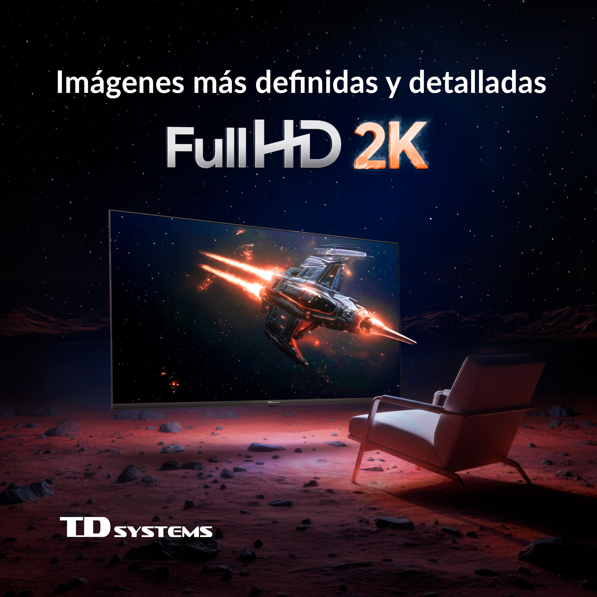 Una nave espacial vuela por el espacio, mostrada en un televisor, con un sillón al lado.