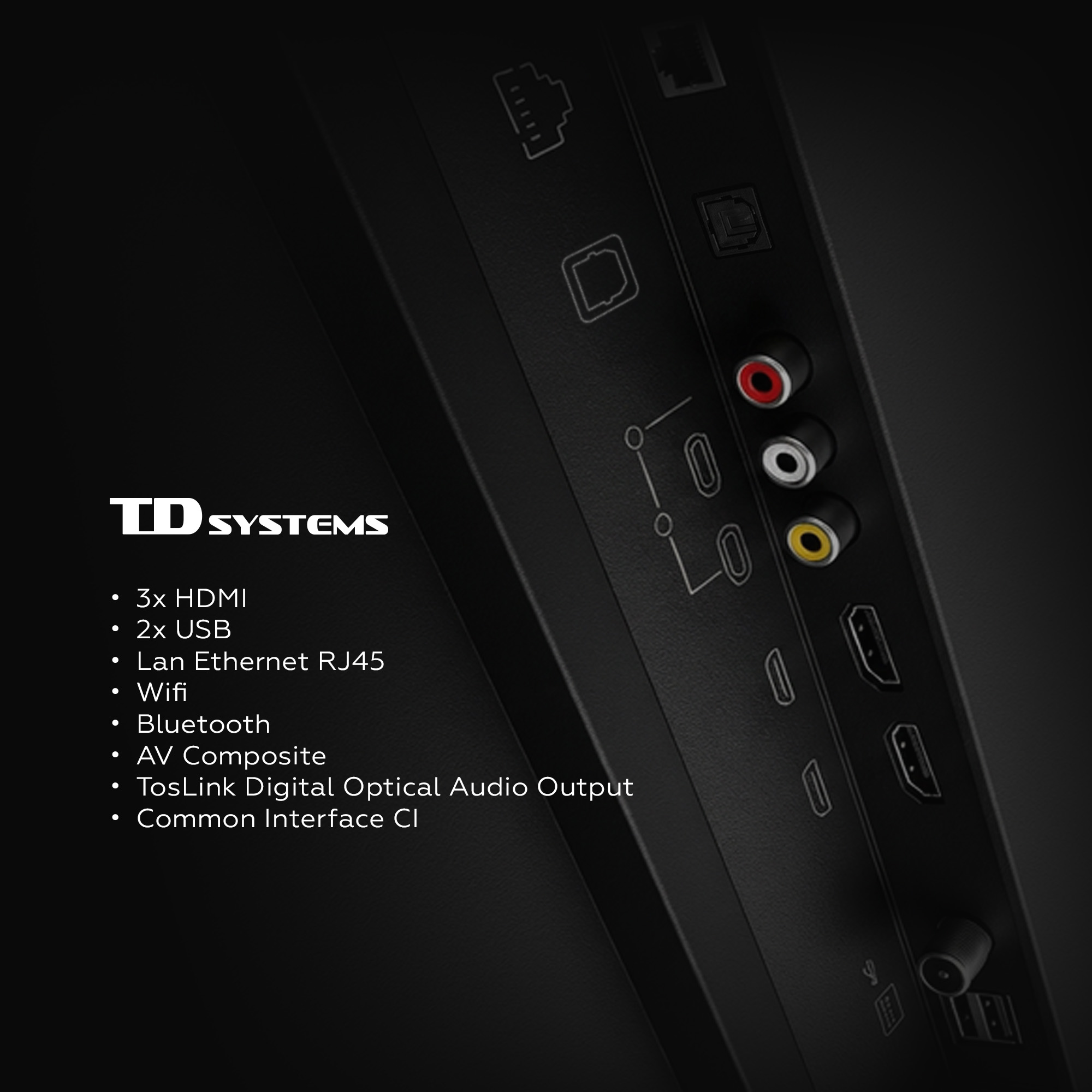 Panel de conexiones con HDMI, USB, LAN, entradas AV y TosLink.