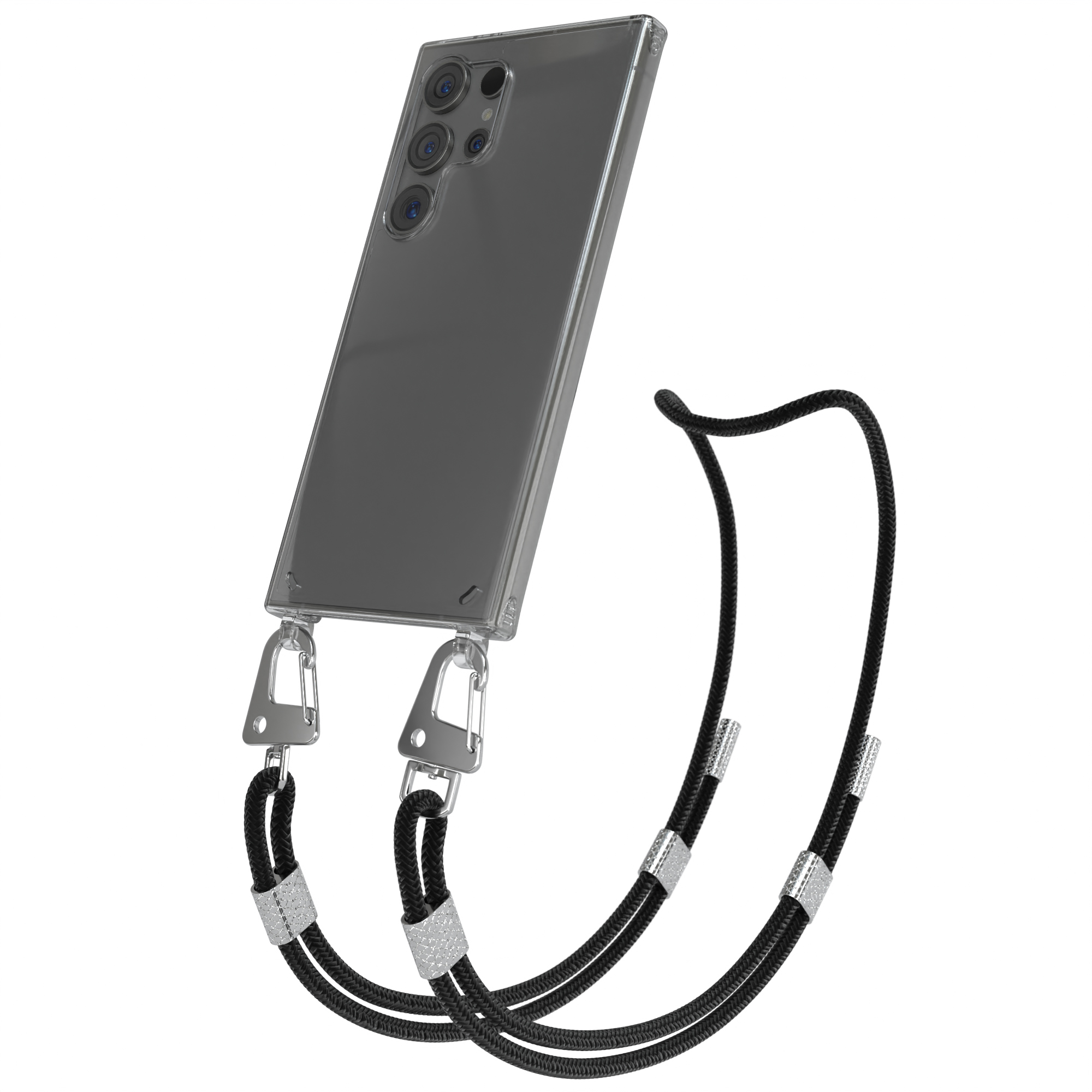 Transparente Hülle für ein Smartphone mit schwarzer Kordel und silbernen Beschlägen.