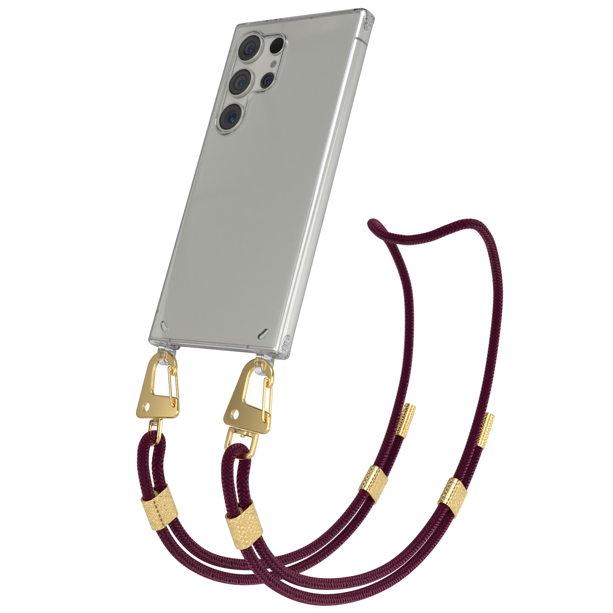 Ein durchsichtiges Handy mit einem burgunderroten Band und goldenen Verschlüssen.
