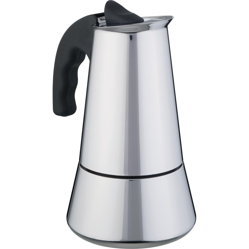 Moka lucida argento con manico e coperchio neri.