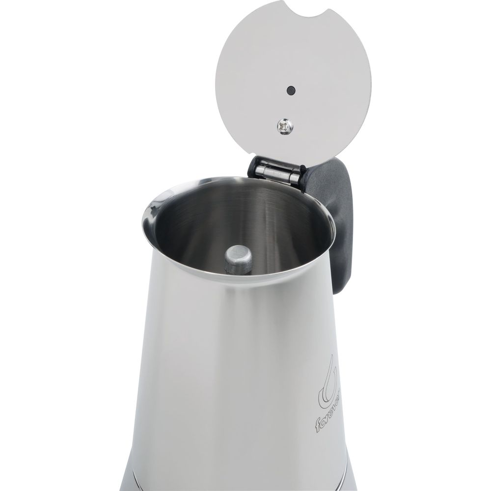 Una macchina da caffè argentata con coperchio aperto.