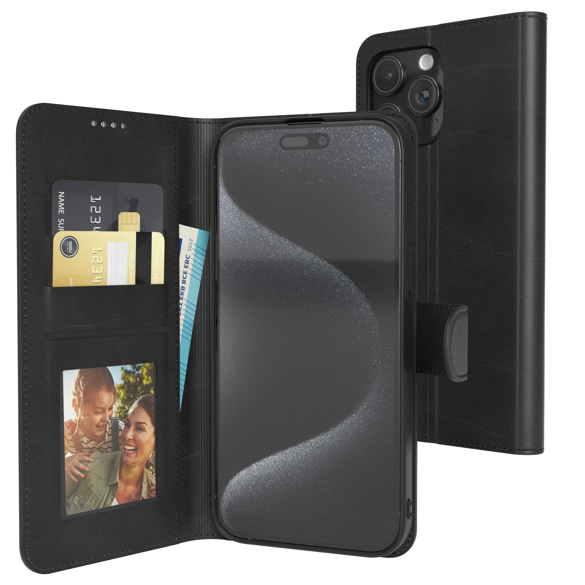 Schwarze Leder-Wallet-Hülle geöffnet, zeigt Handy, Karten, Foto einer Frau und Kind.