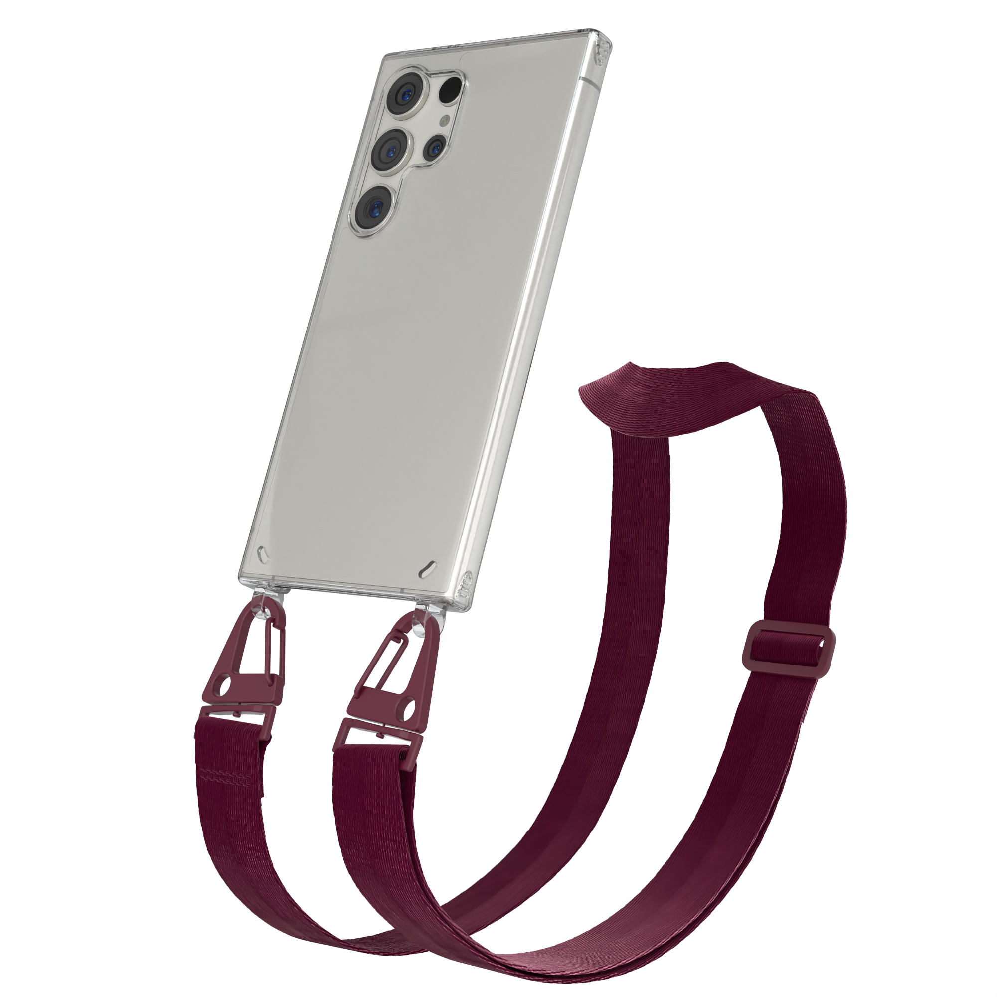 Klare Handyhülle mit burgunderroter Lanyard an den unteren Ecken.