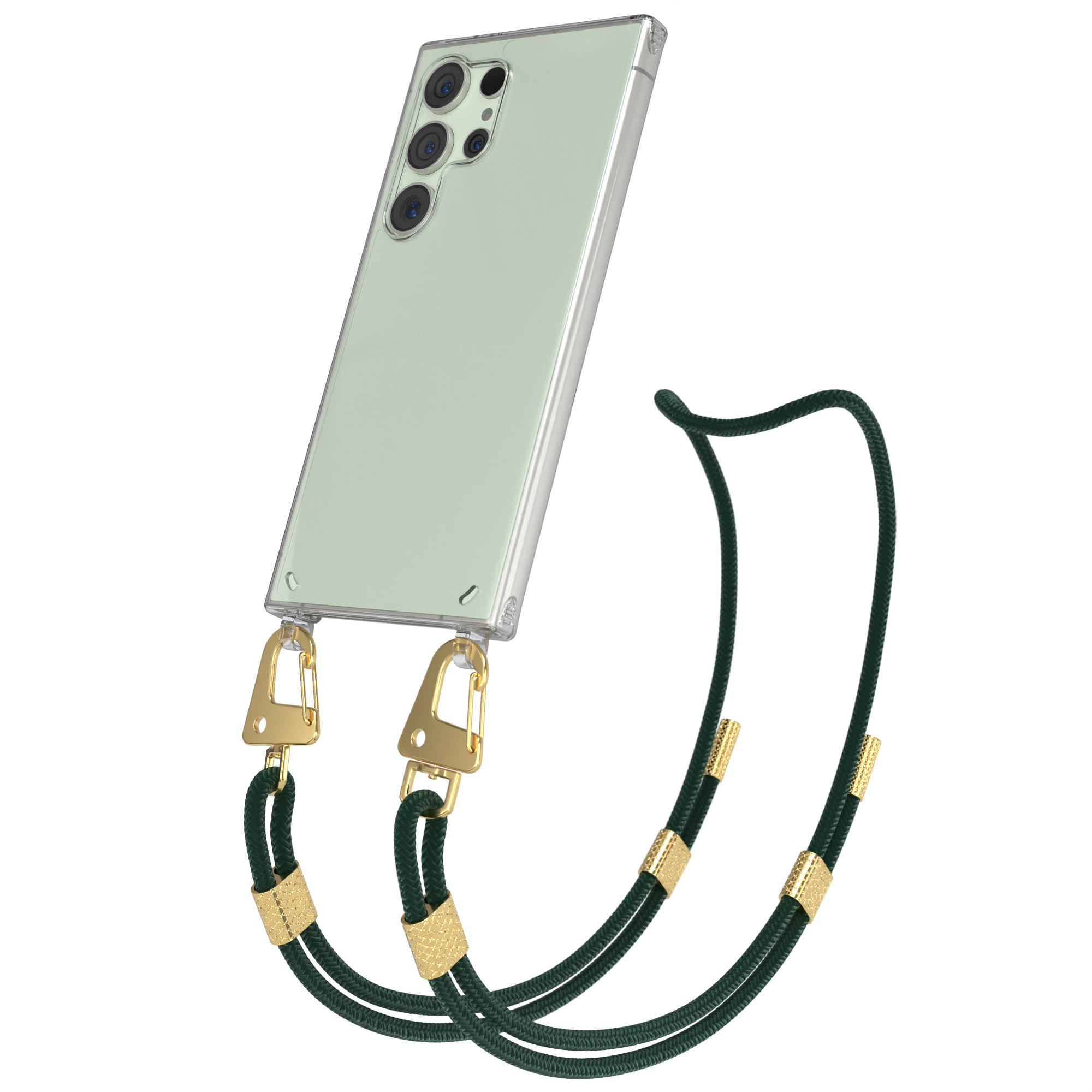 Ein hellgrünes Smartphone mit transparentem Gehäuse und einer dunklen Kordel.