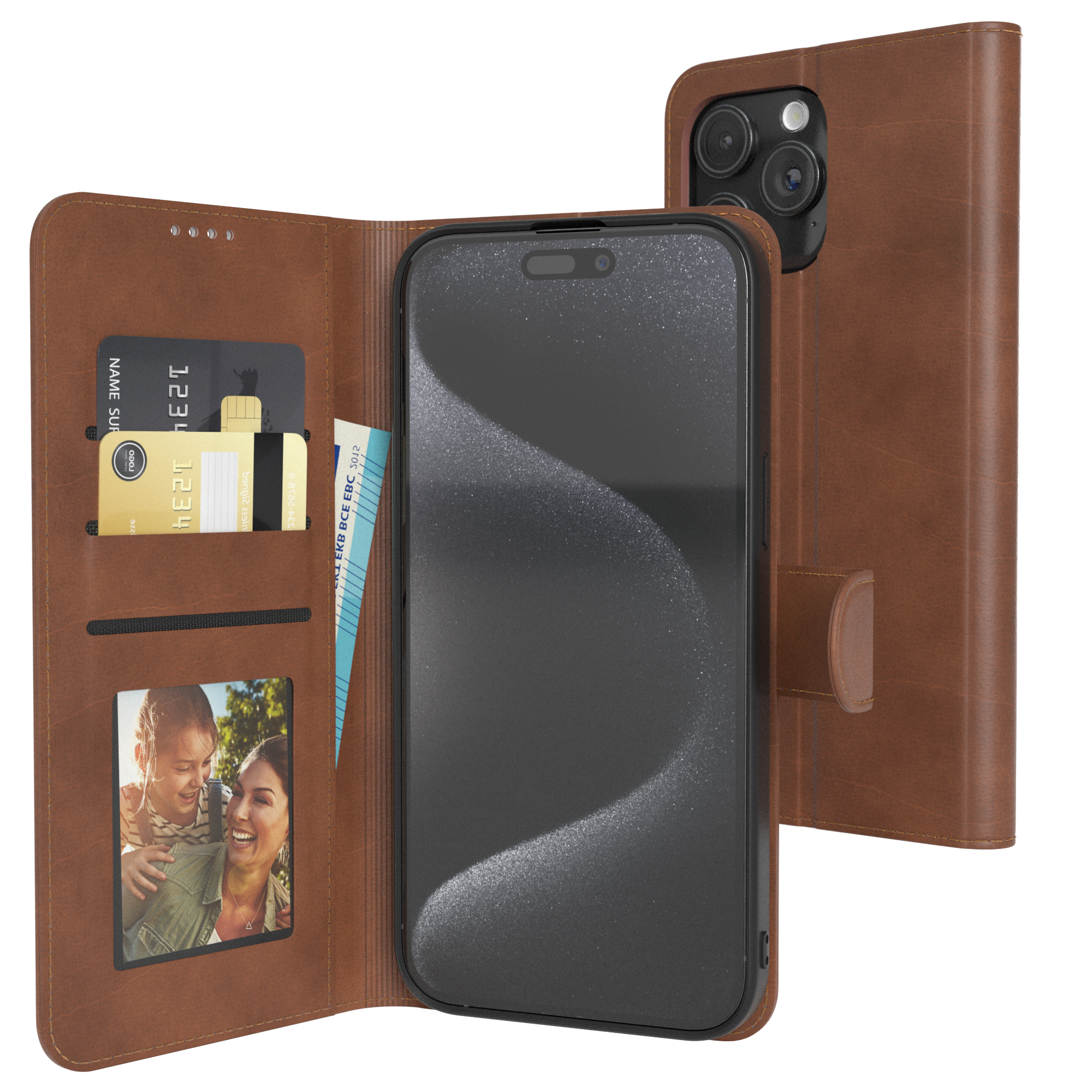 Braune Lederhülle für ein Smartphone mit Kartenfächern und einem Foto.
