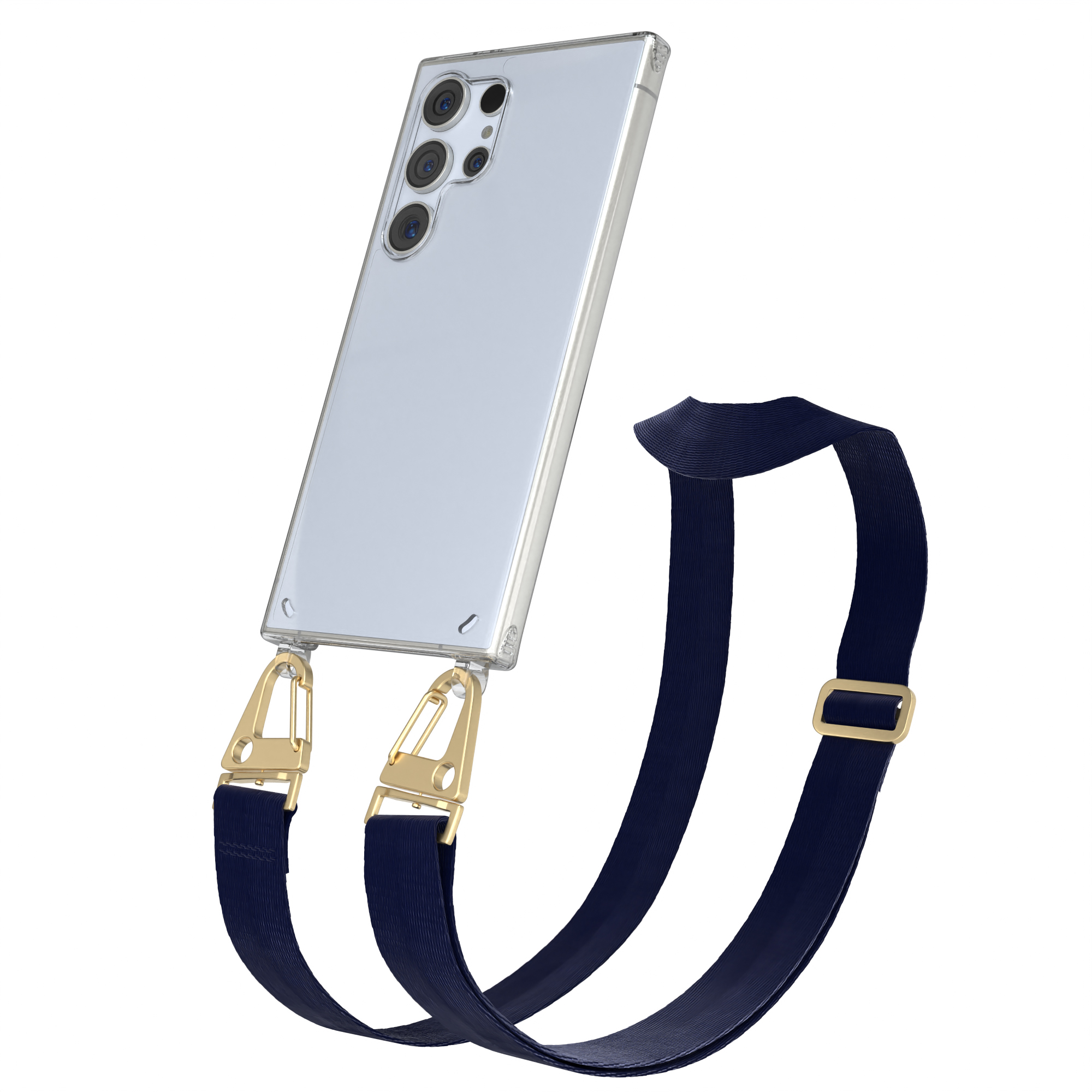 Ein durchsichtiges Handy mit dunklem Band und goldenen Clips.