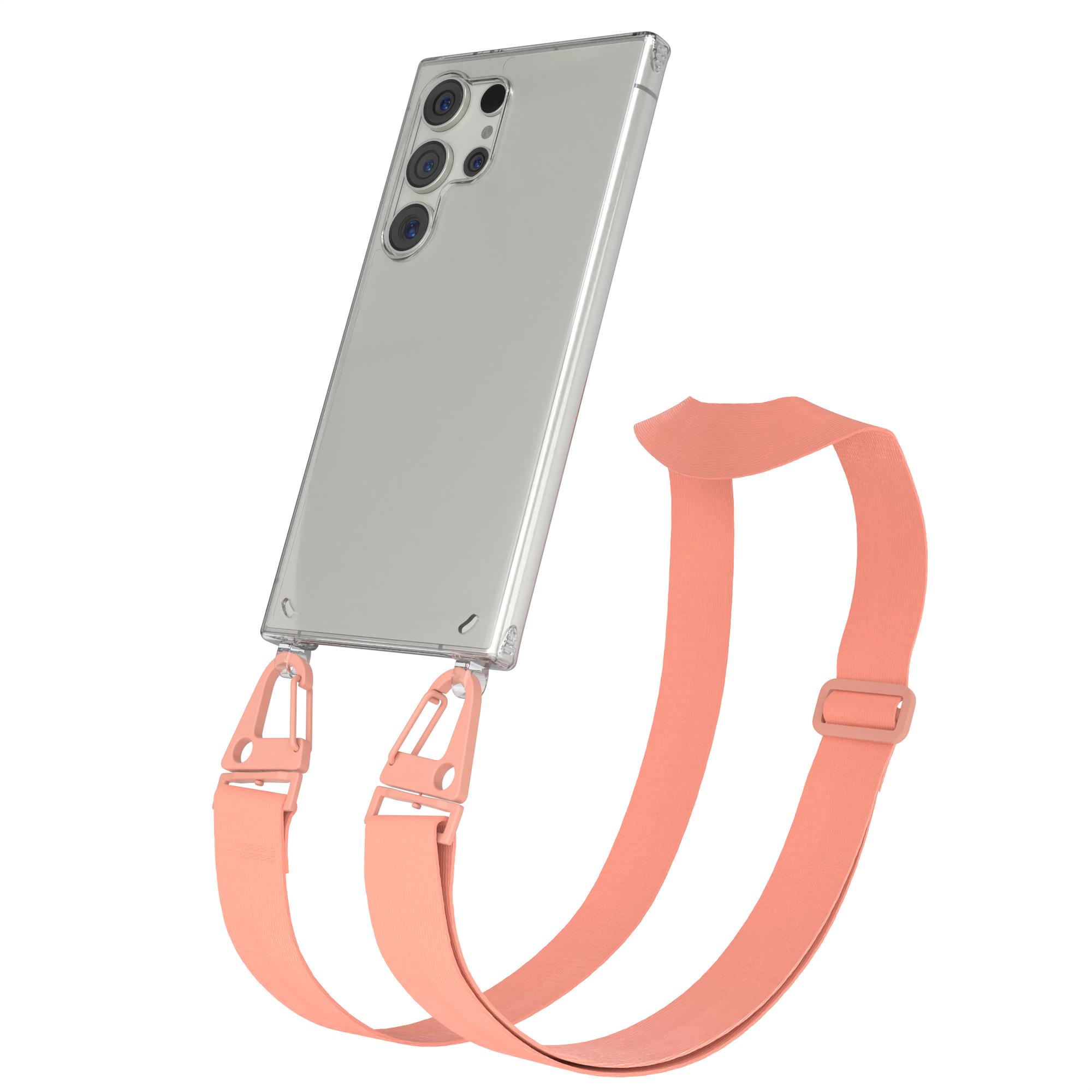 Ein transparentes Handy mit einem pfirsichfarbenen Band, das an den Seiten befestigt ist.