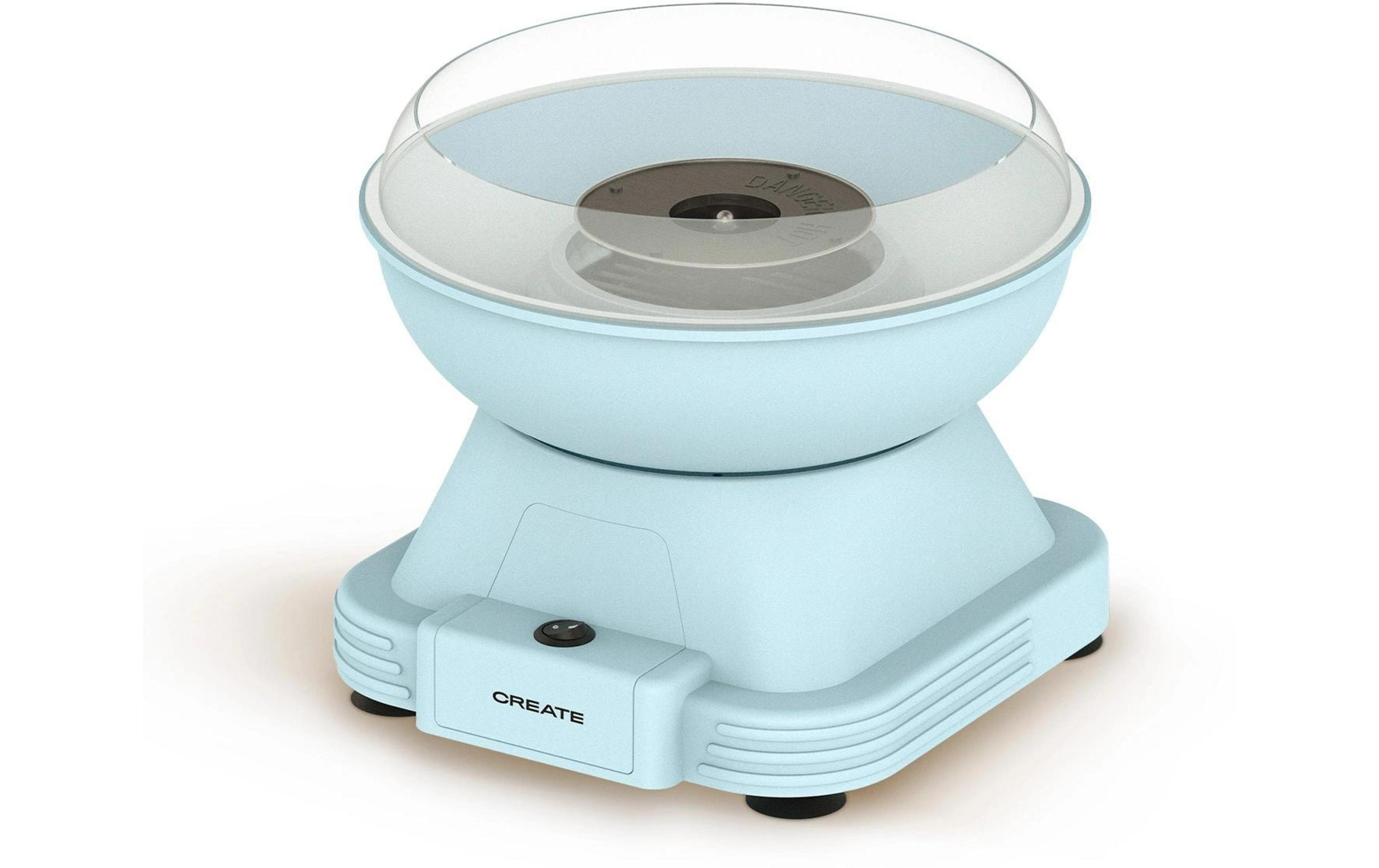 Una máquina de algodón de azúcar azul claro con tapa transparente y un interruptor.