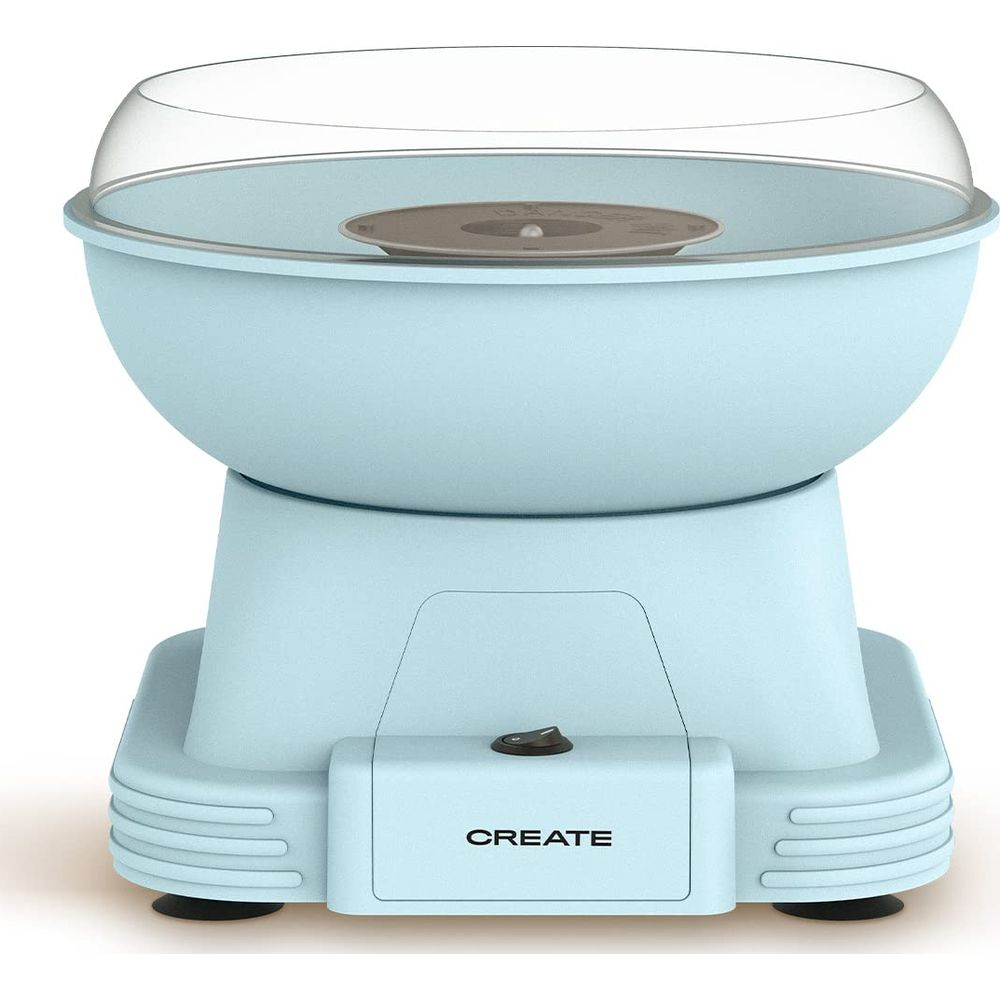 Una máquina de algodón de azúcar azul claro con tapa transparente y un interruptor.