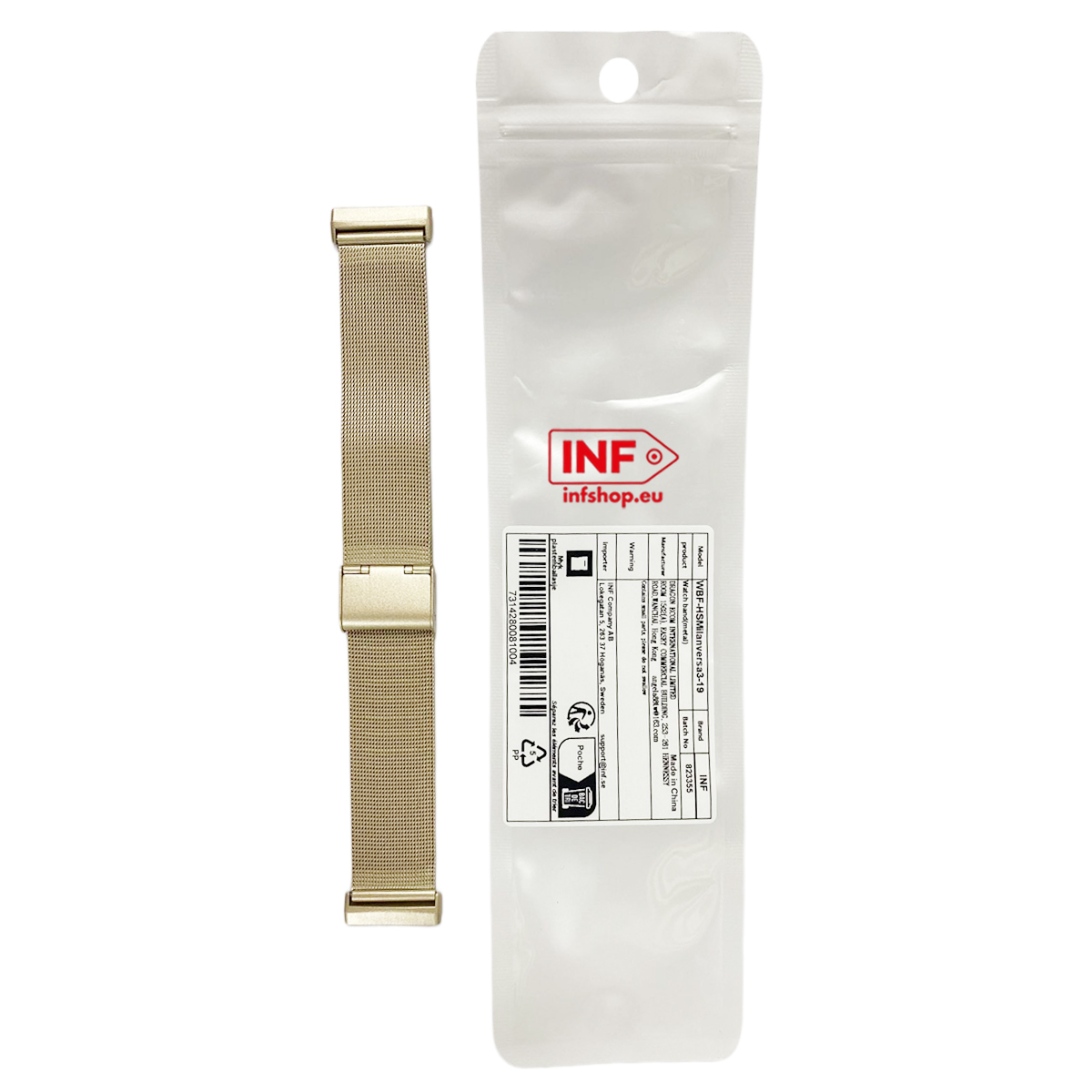 Goldfarbenes Metallarmband für Uhren, verpackt in einer weißen Tüte mit Etikett.