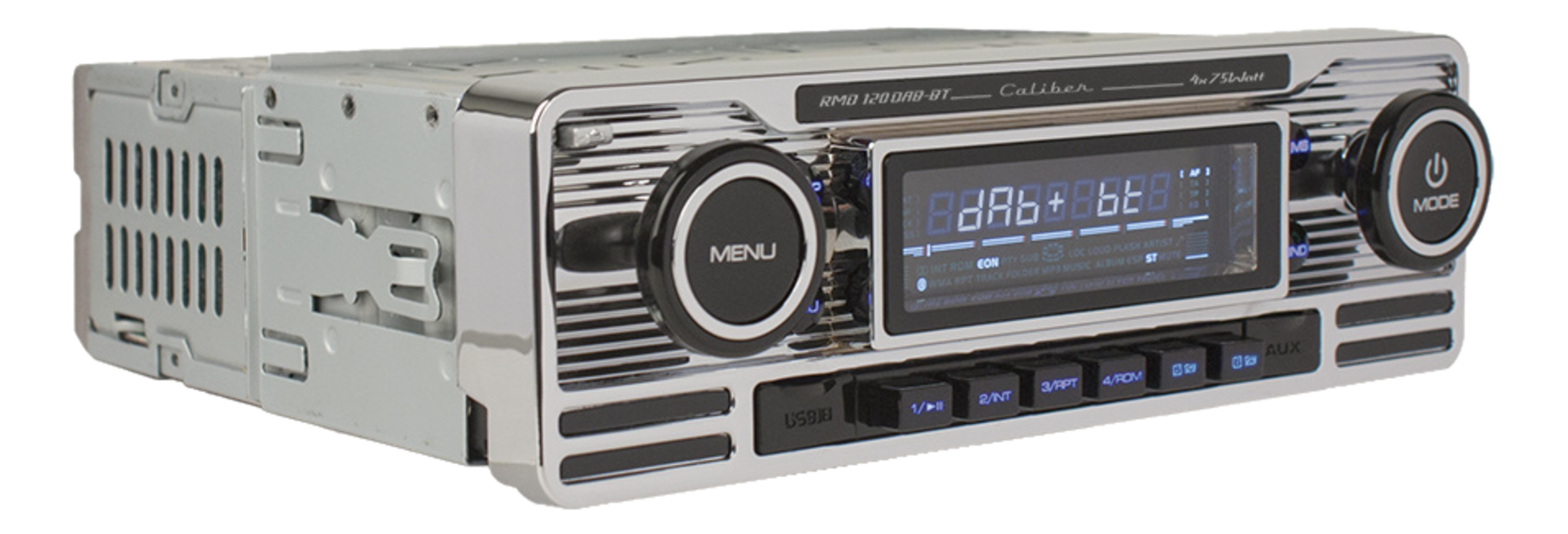 A silver car stereo with an LCD screen, knobs, and buttons.