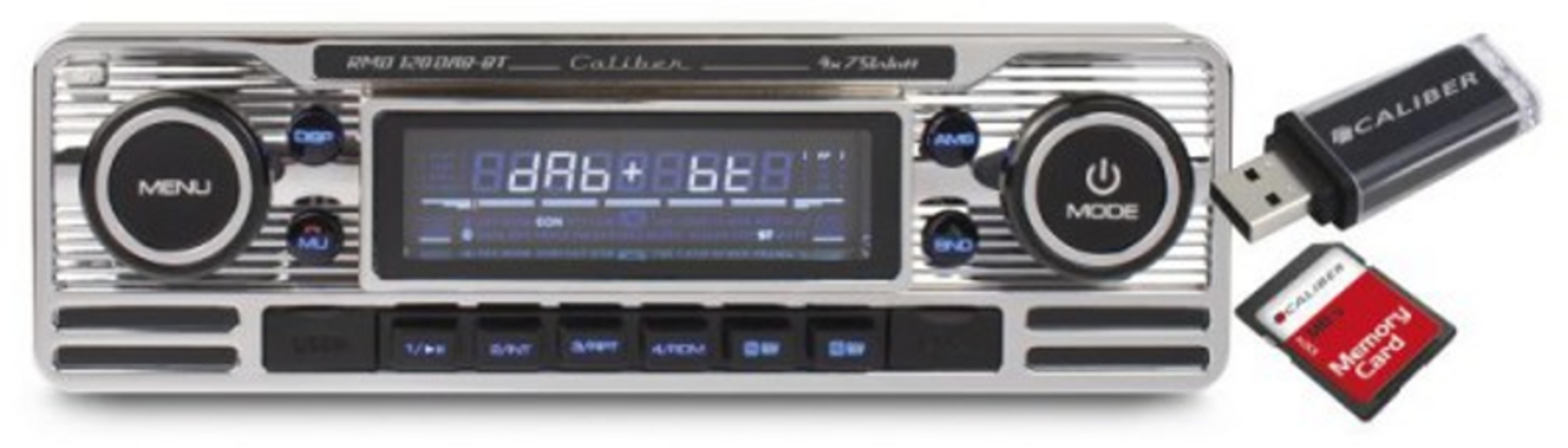 A chrome car stereo with digital display, knobs, and a USB stick and memory card.