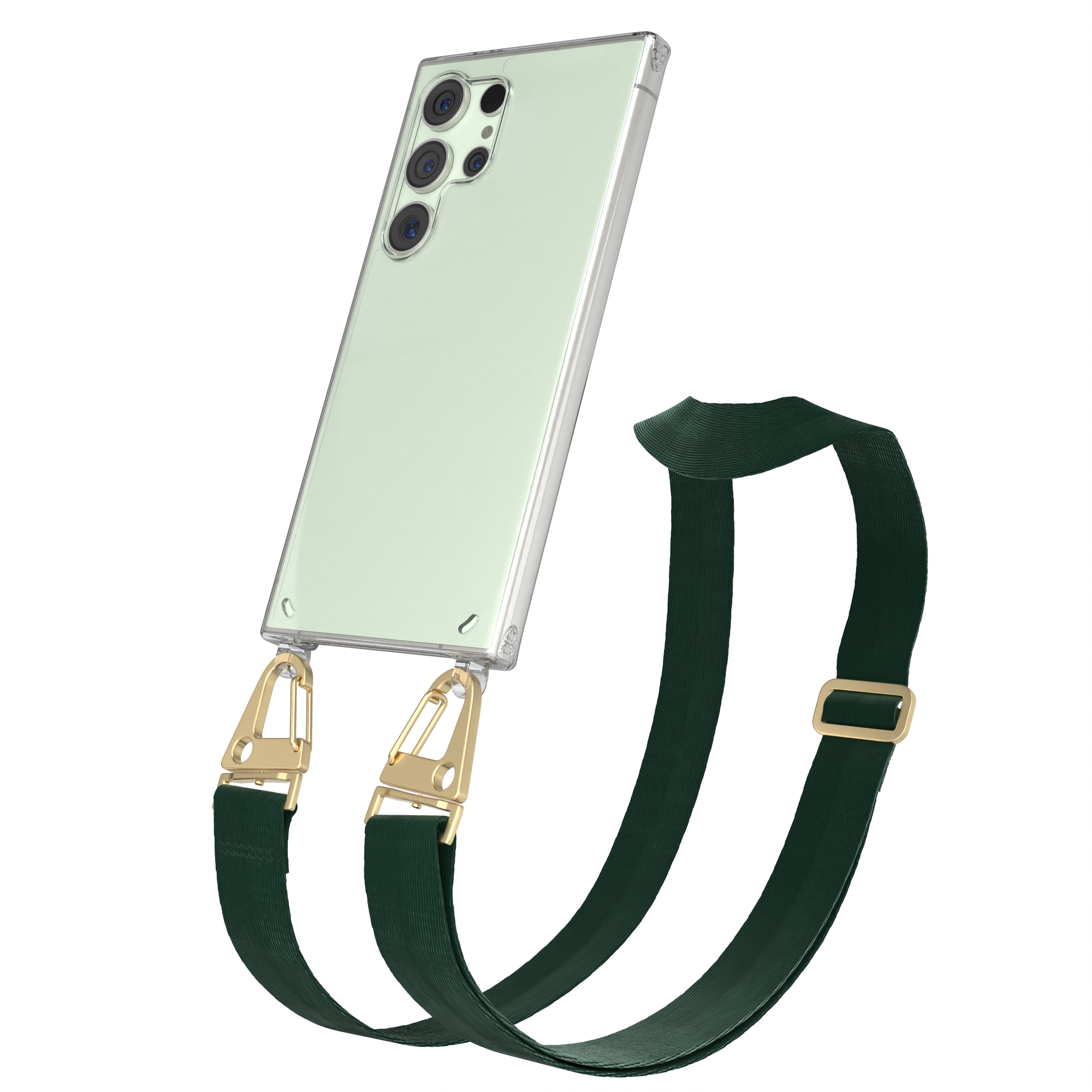 Hellgrünes Smartphone in transparenter Hülle mit dunklem Riemen und goldenen Clips.