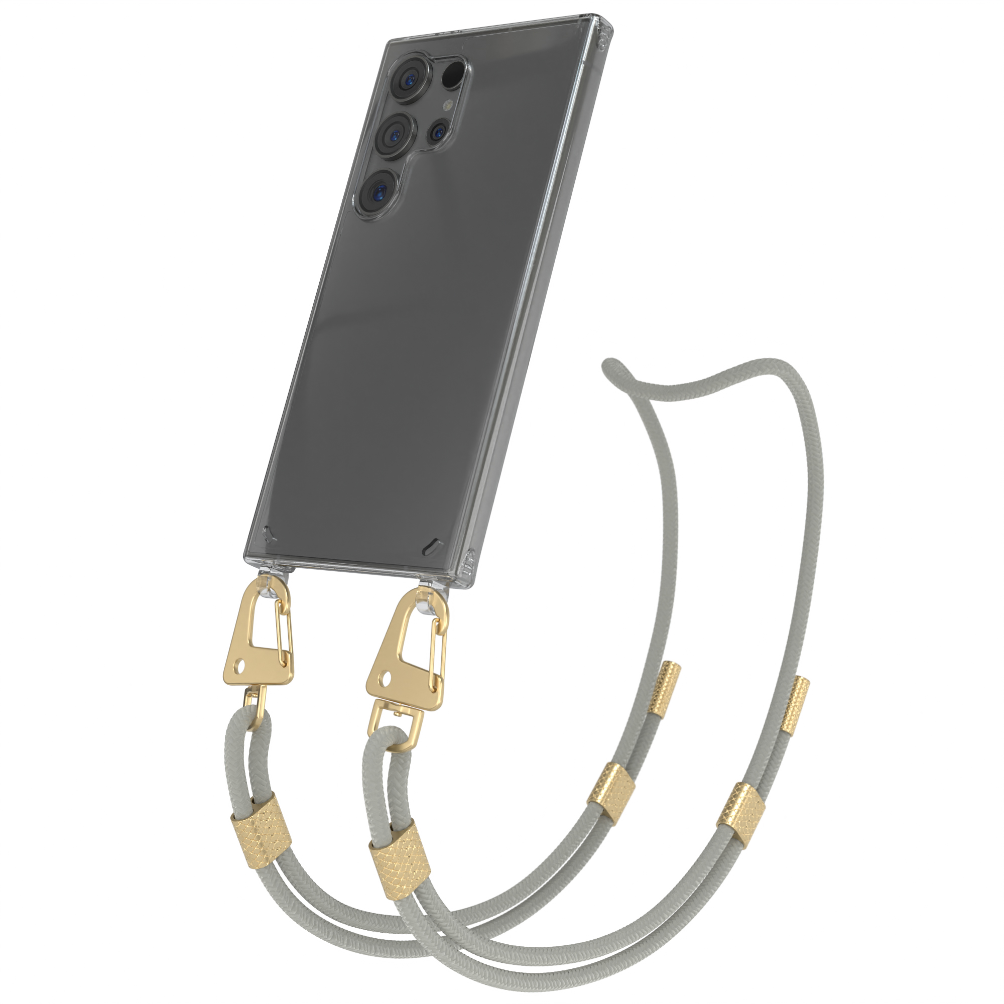 Ein durchsichtiges Handy mit Lanyard und goldenen Beschlägen auf weißem Hintergrund.
