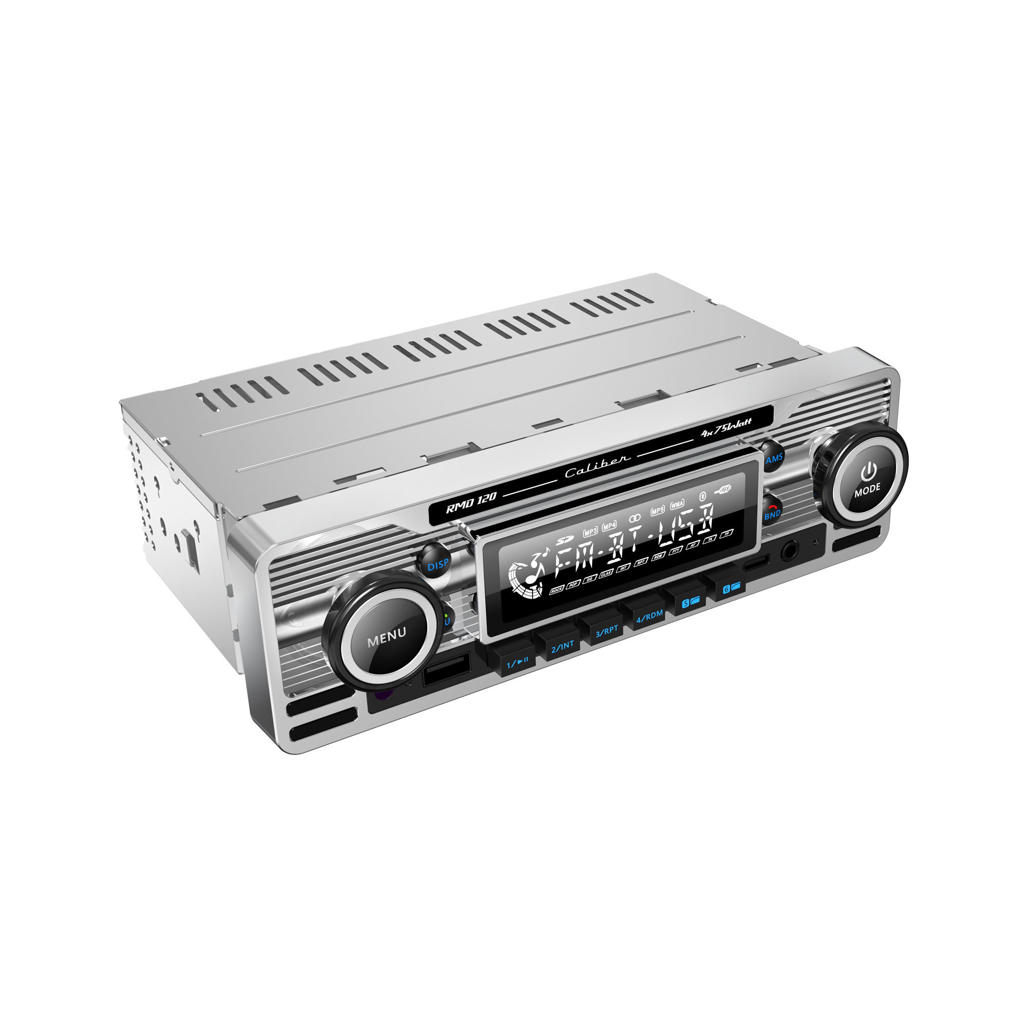 Silver car radio with display, dial, and buttons, in detail.