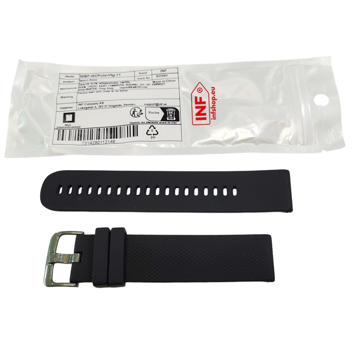 Schwarzes Uhrenarmband mit silberner Schnalle und Verpackung.