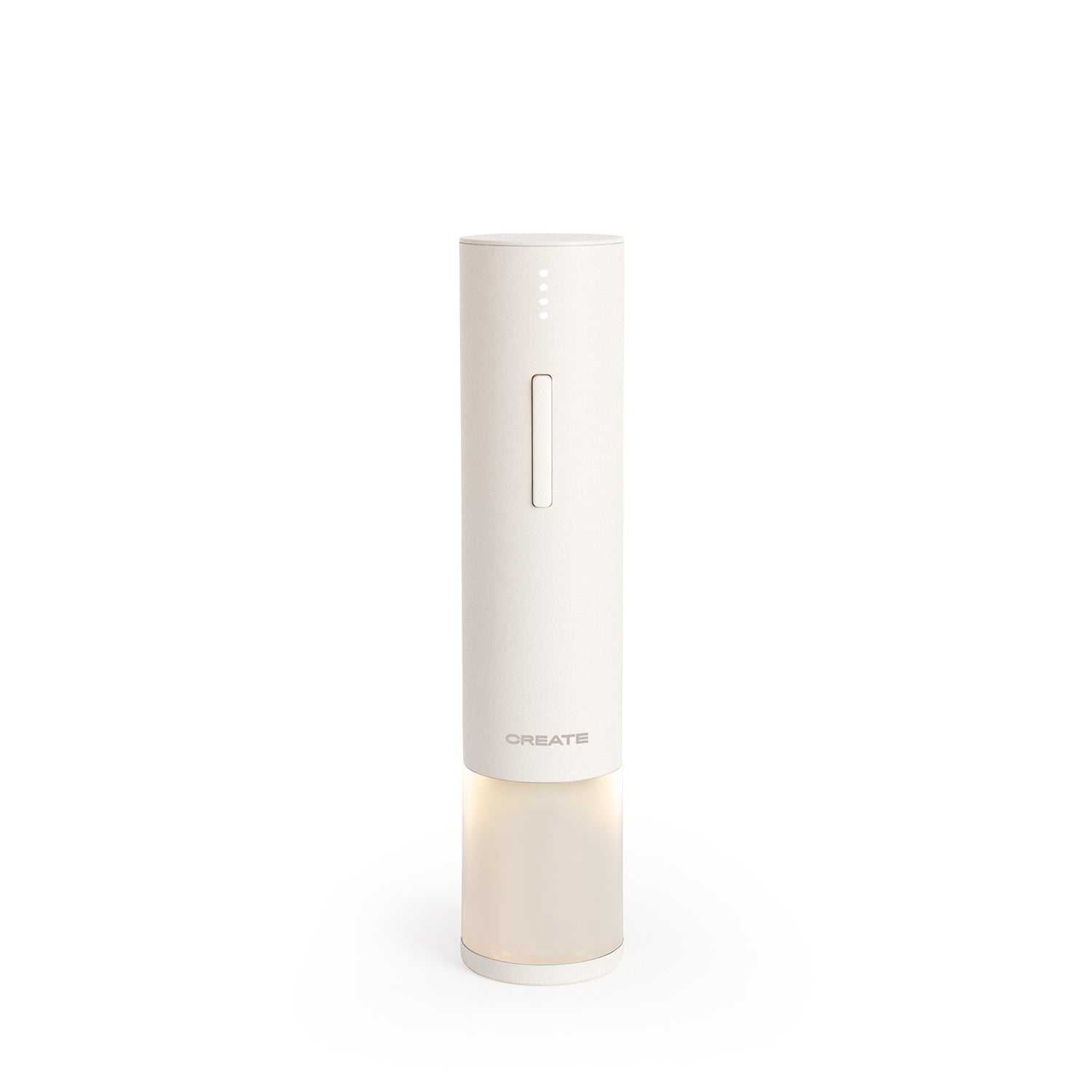 Un abridor de vino eléctrico blanco con indicadores de carga y base iluminada.
