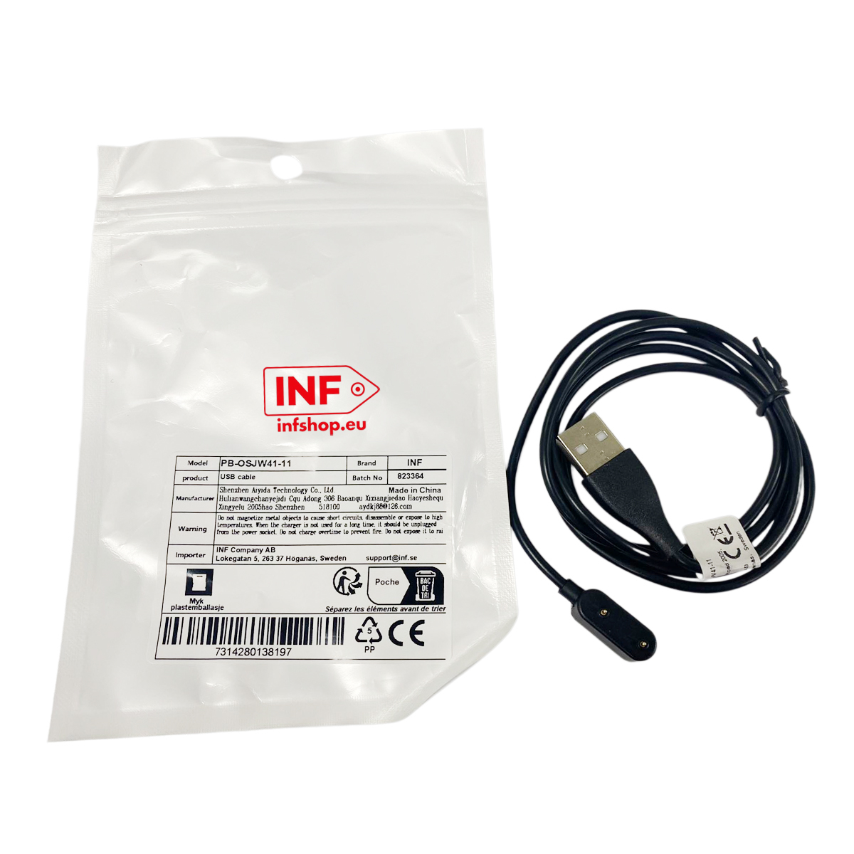 Ein schwarzes USB-Kabel mit magnetischem Anschluss liegt neben der Verpackung.