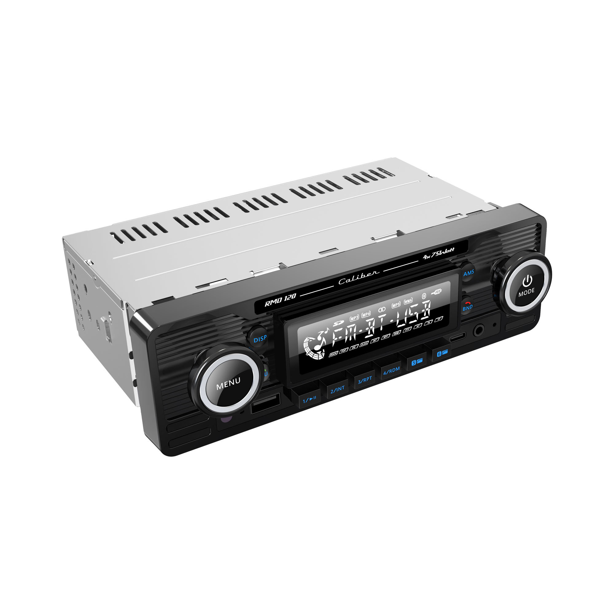 A black car stereo with silver vents and a display screen.
