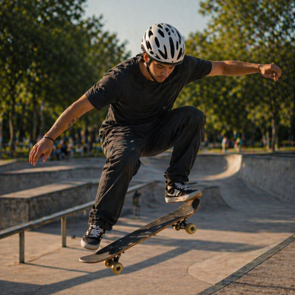 Een man met helm springt op een skateboard in een skatepark.