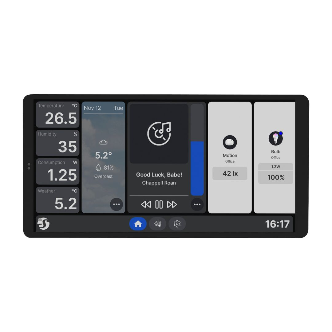 Display smart home con temperatura, umidità, consumo, meteo, musica e luci.