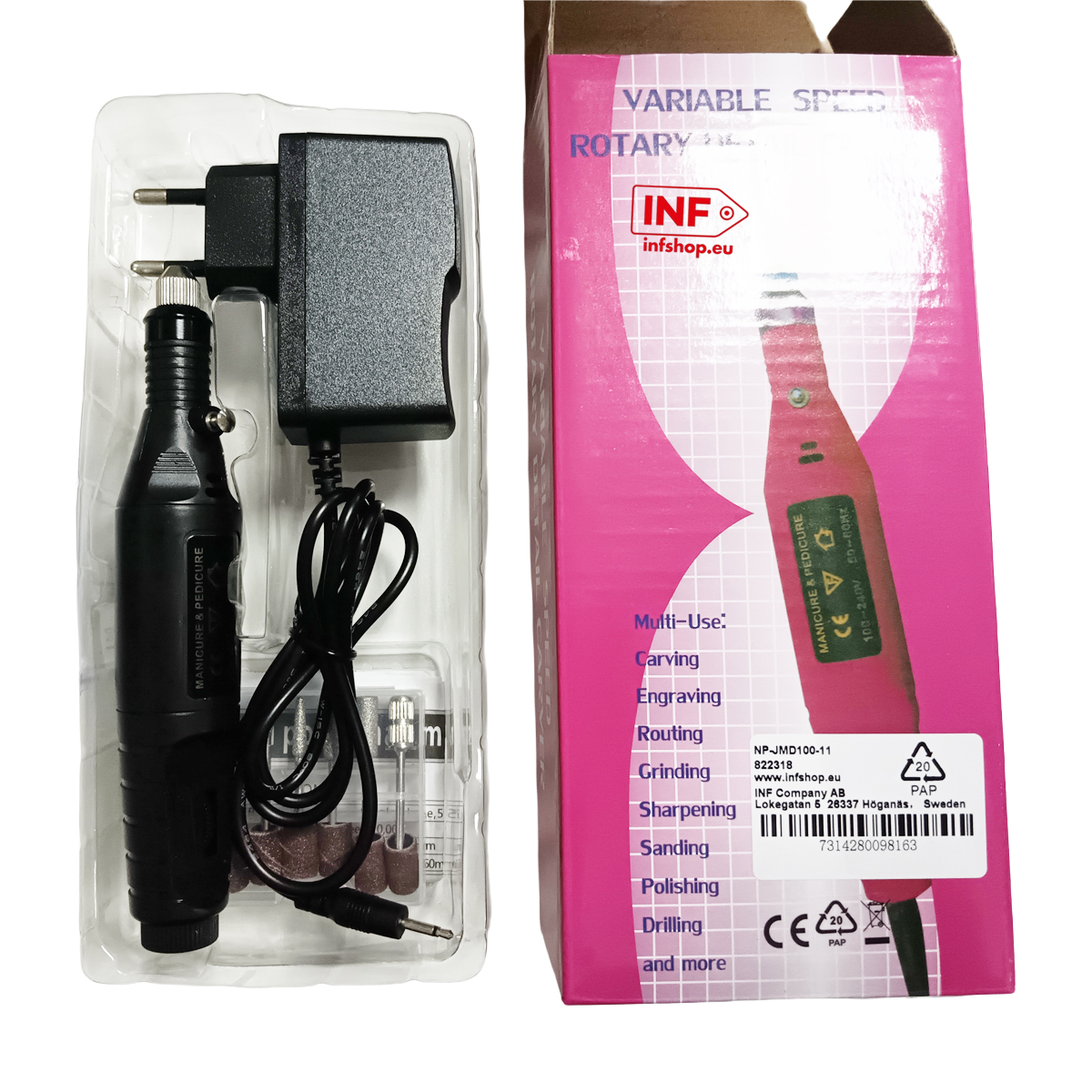 Czarny zestaw narzędzi do manicure/pedicure z zasilaczem i akcesoriami w opakowaniu.