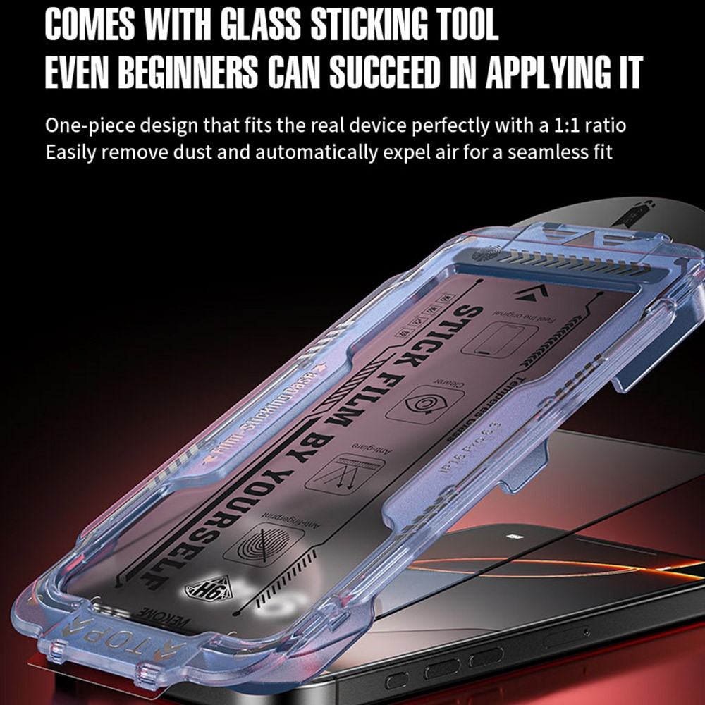 Un outil pour appliquer un protecteur d'écran sur un téléphone, avec instructions.